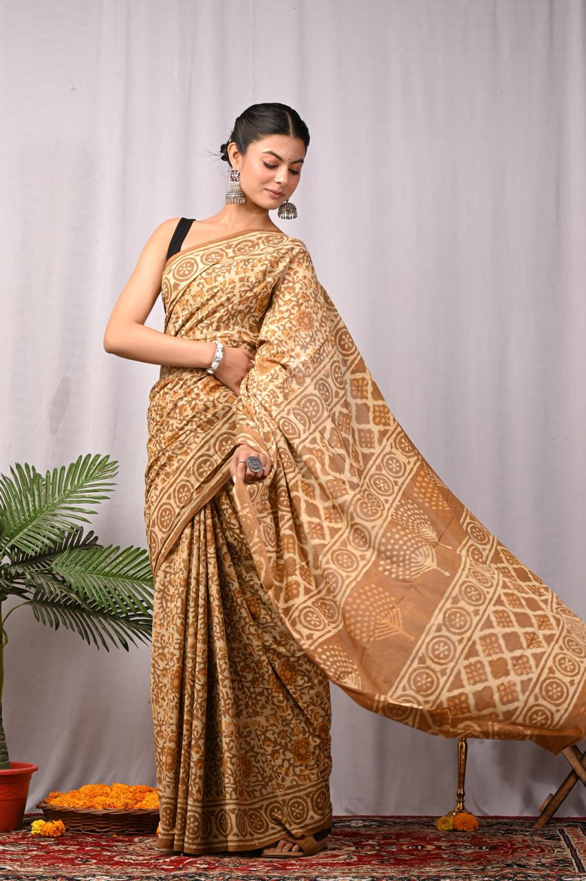 Hand Block Printing Saree In Mulmul Fabric