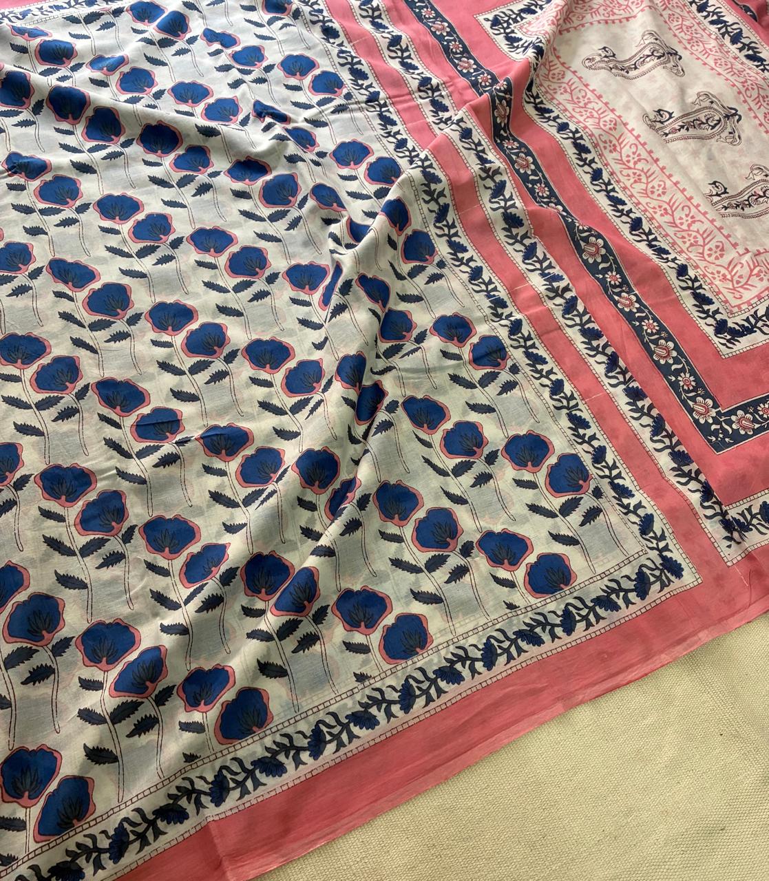 Hand Block Printing Saree In Mulmul Fabric