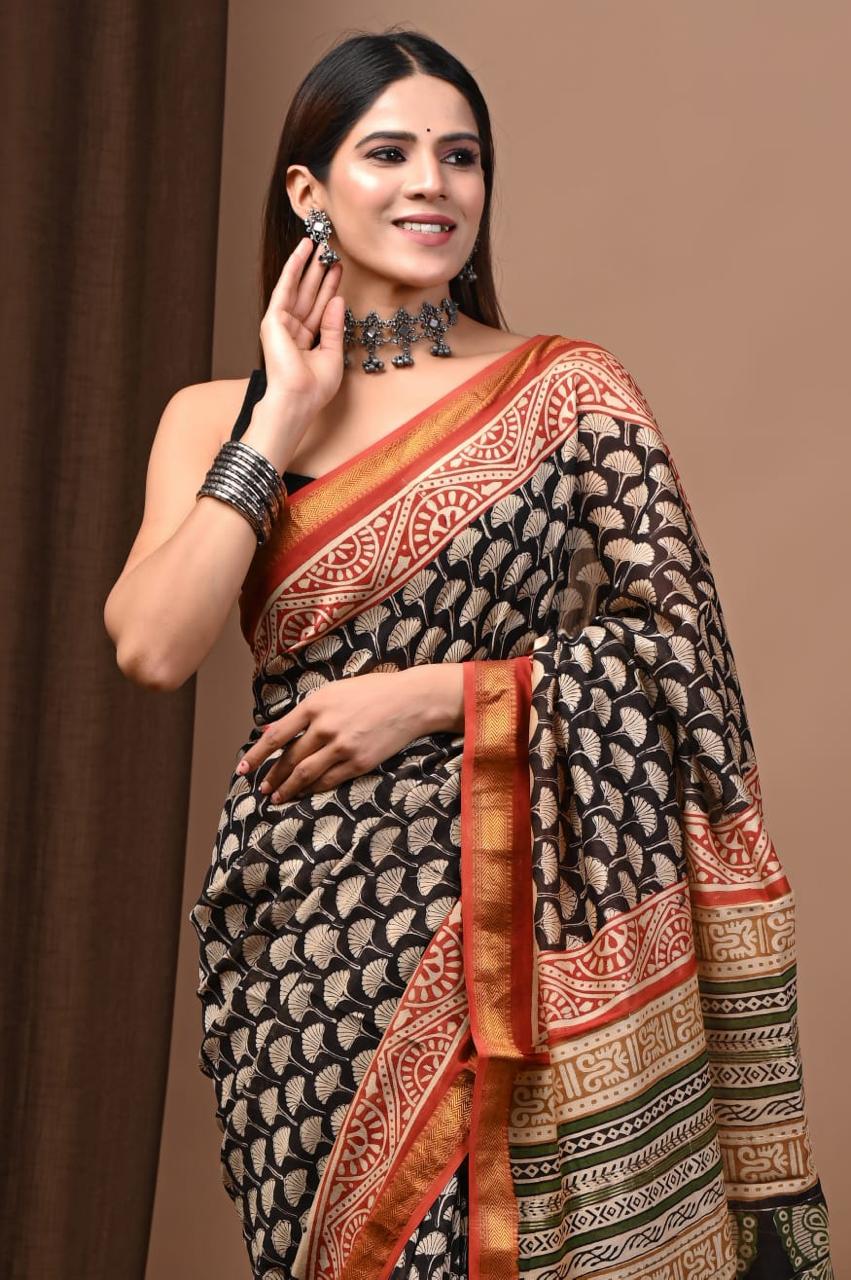 Natural Color Hand Block Print Saree