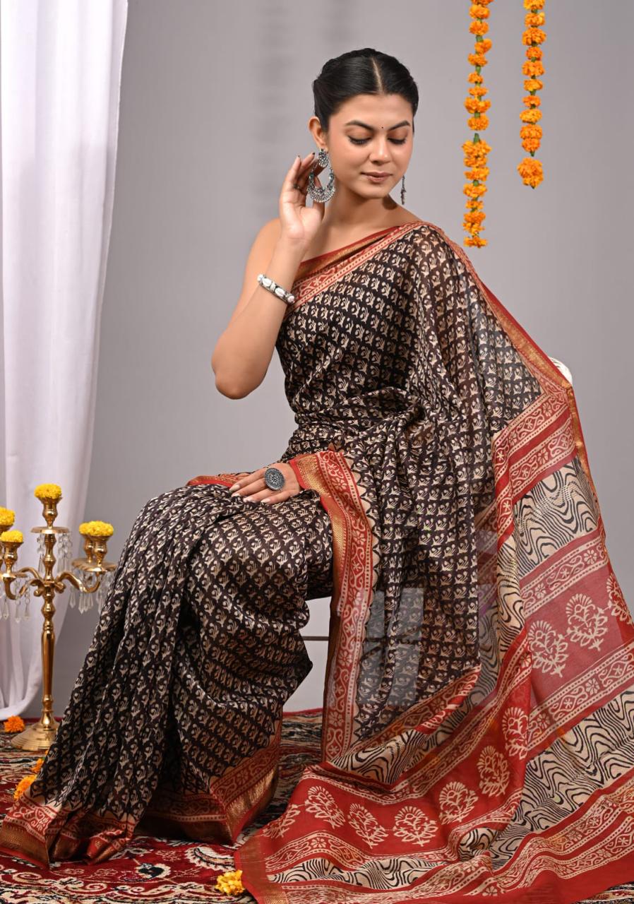 Natural Color Hand Block Print Saree