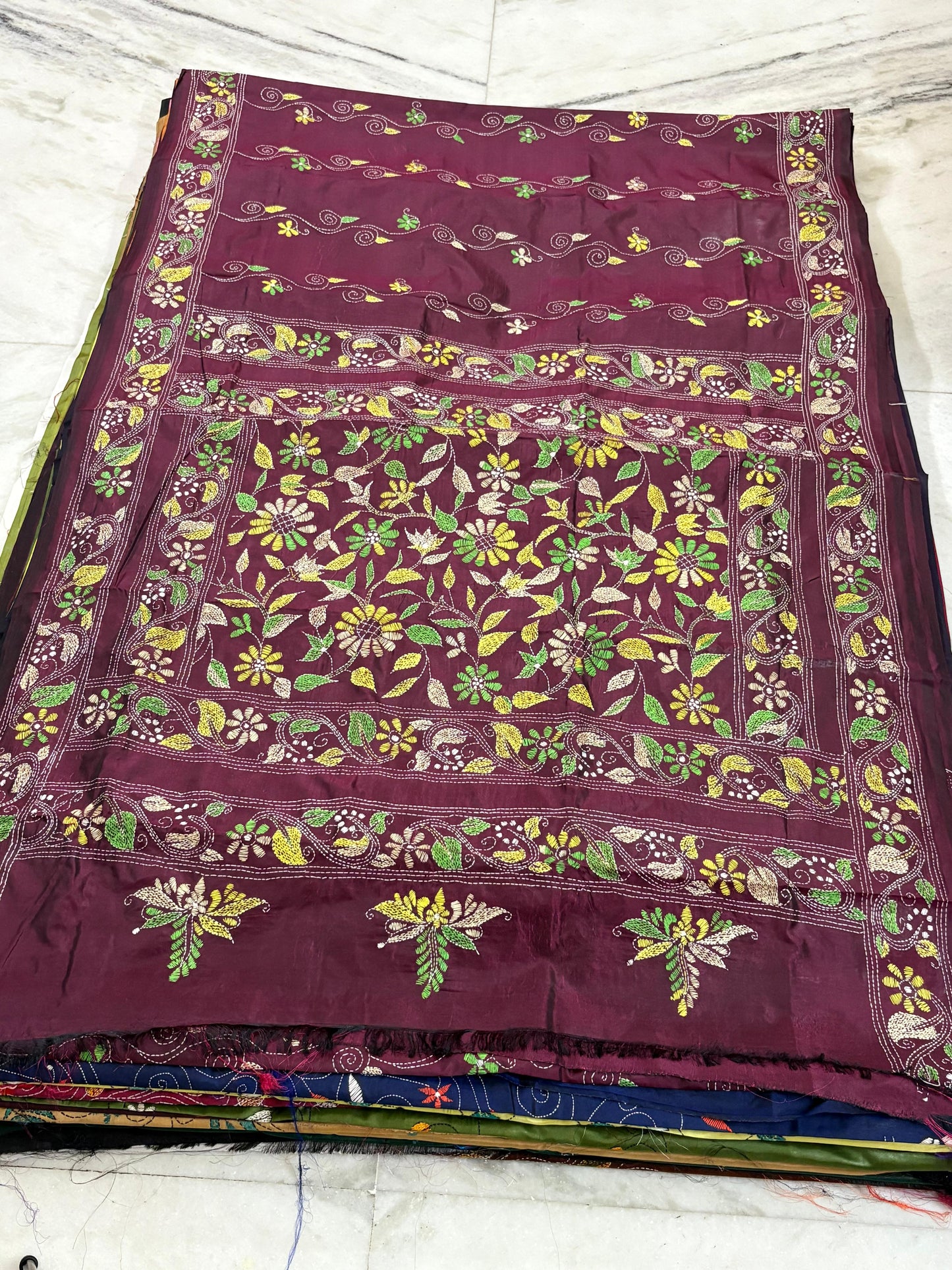 Blended Bangalore Silk Hand Crafted Kantha Stitch Saree
