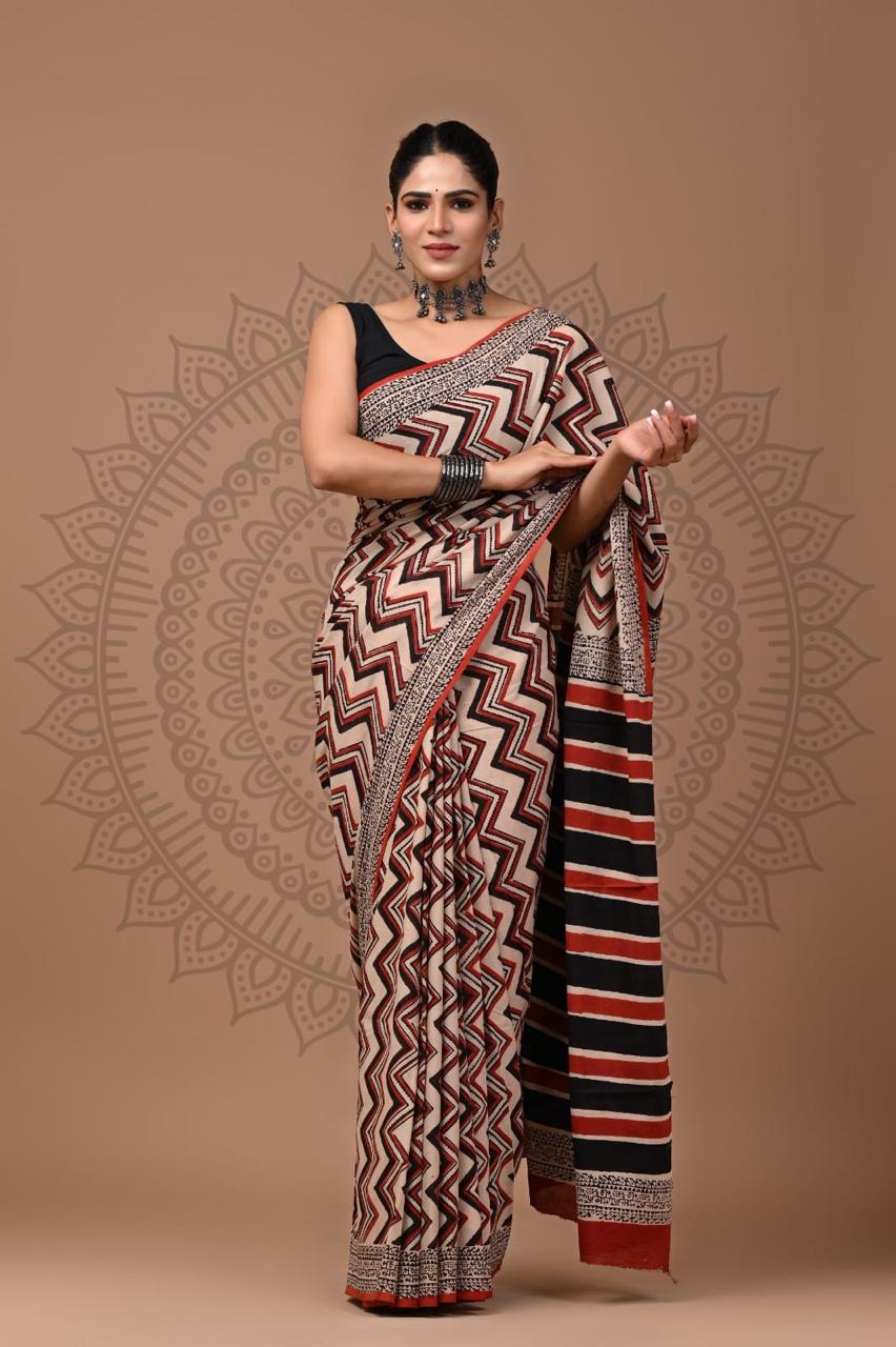 Natural Color Hand Block Print Saree