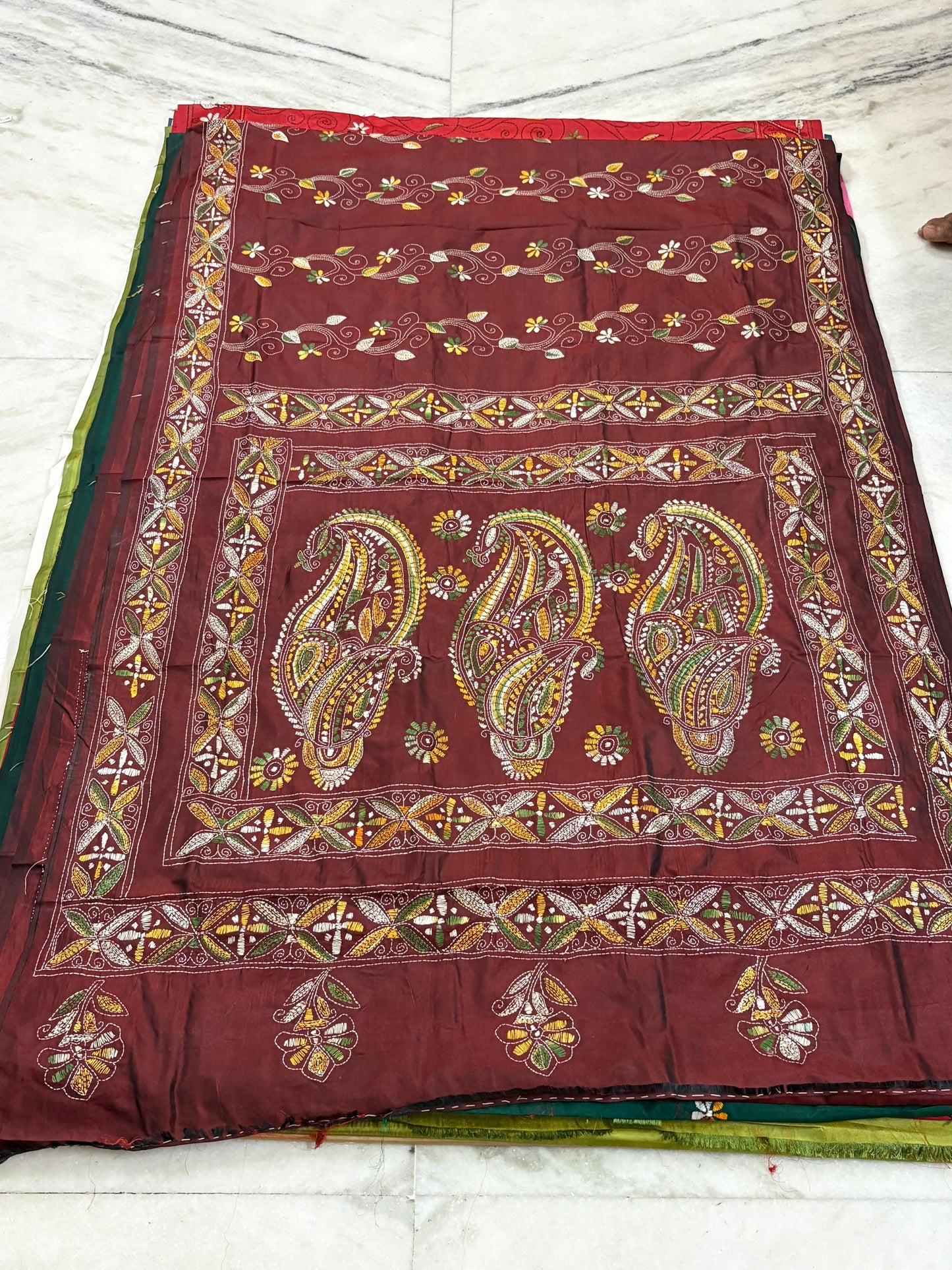 Blended Bangalore Silk Hand Crafted Kantha Stitch Saree