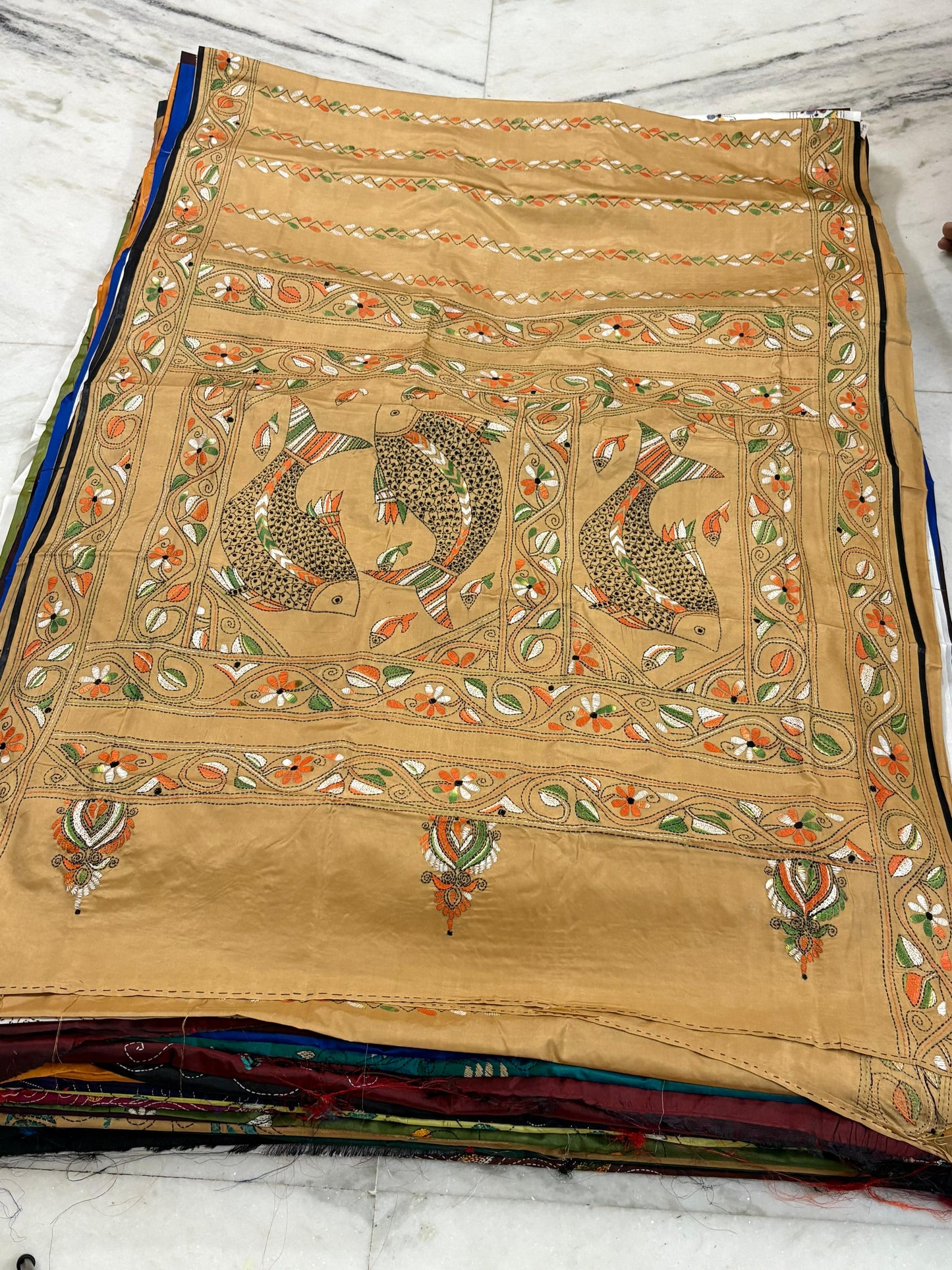 Blended Bangalore Silk Hand Crafted Kantha Stitch Saree