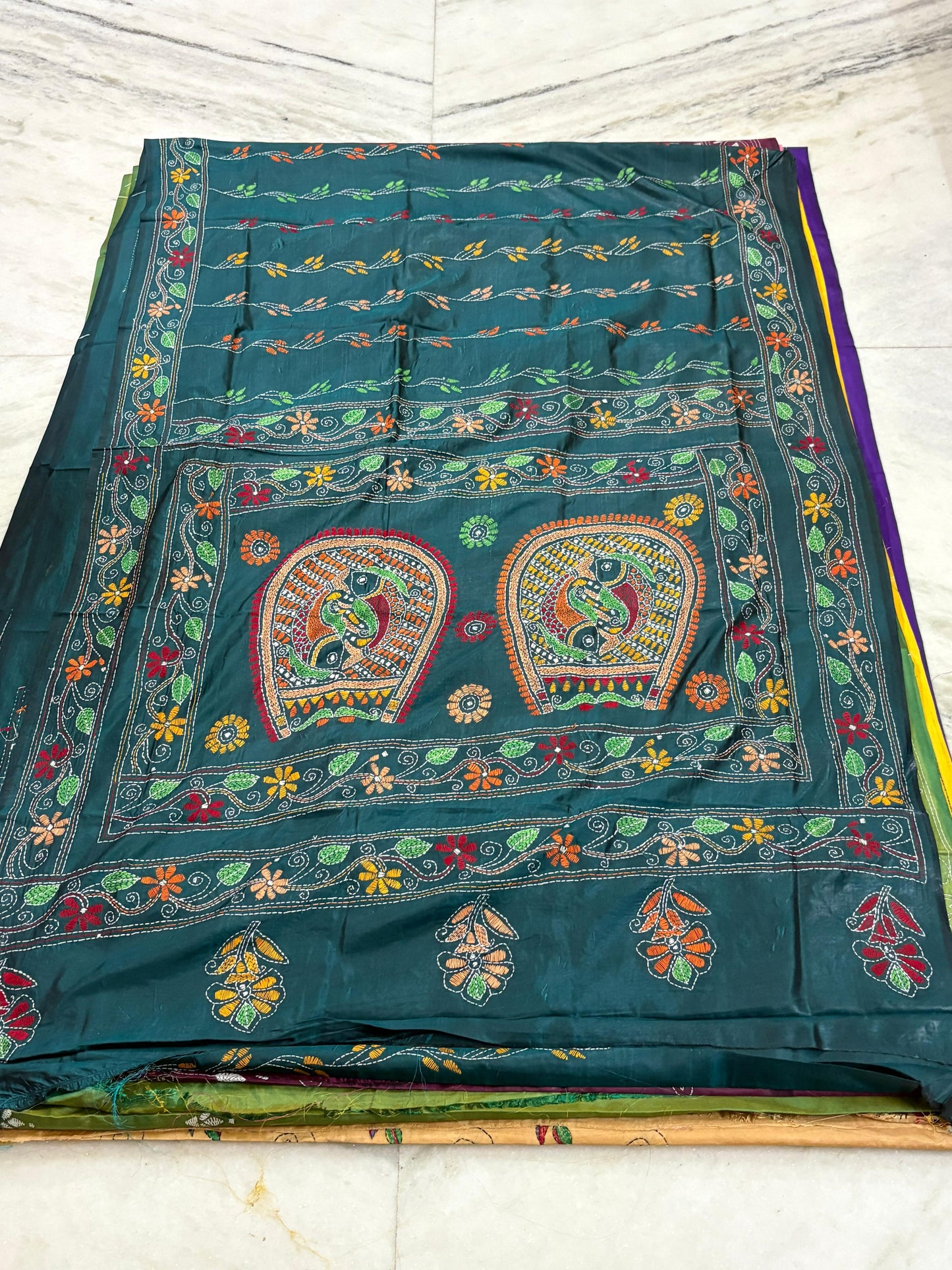 Blended Murshidabad Silk Hand Crafted Kantha Stitch Saree