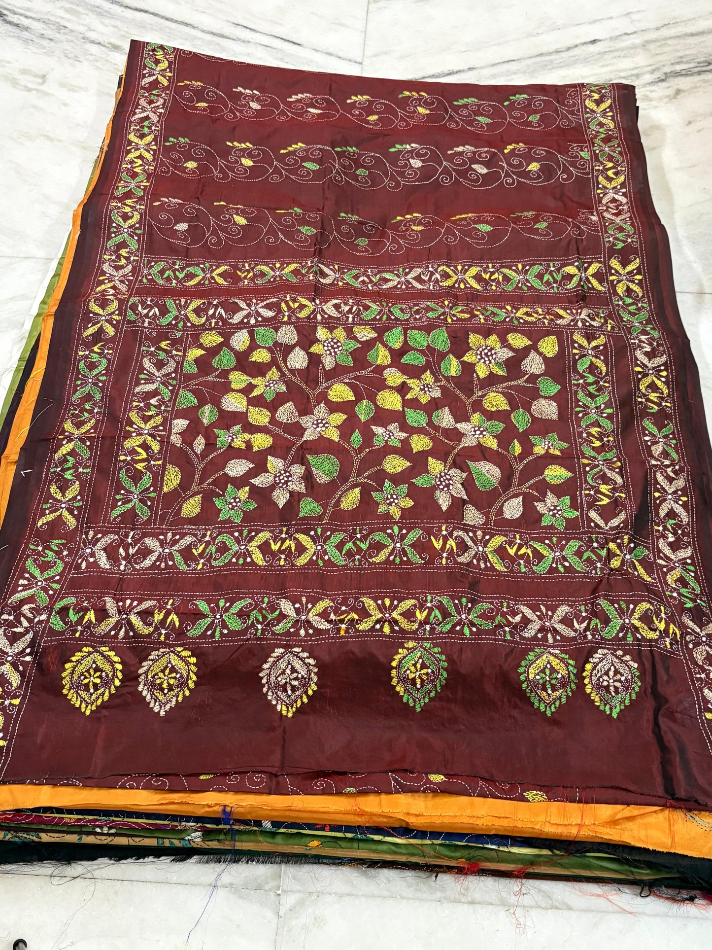Blended Bangalore Silk Hand Crafted Kantha Stitch Saree