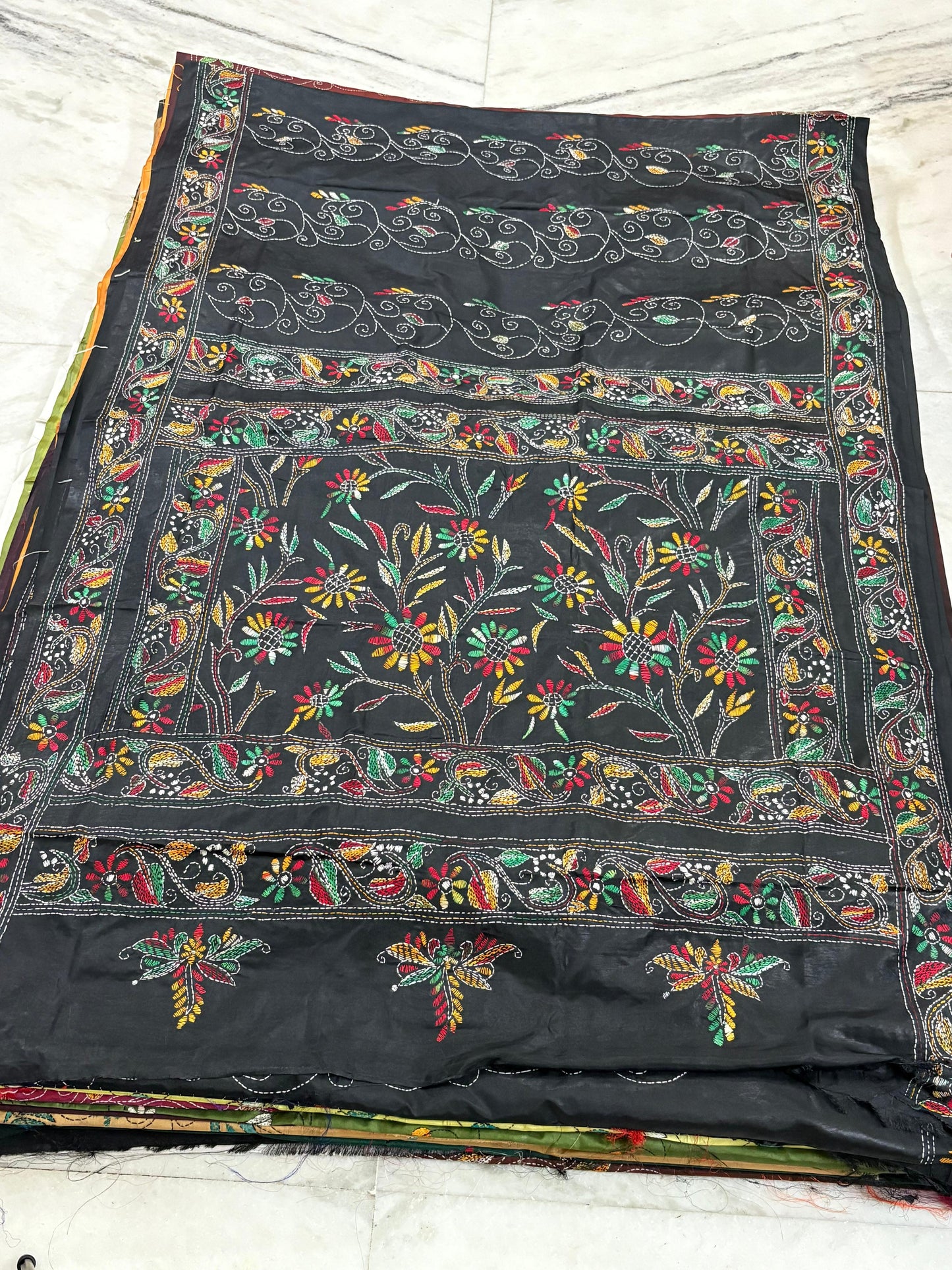 Blended Bangalore Silk Hand Crafted Kantha Stitch Saree