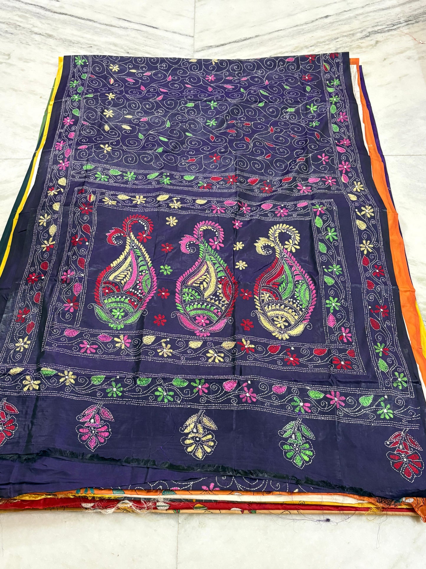 Blended Murshidabad Silk Hand Crafted Kantha Stitch Saree