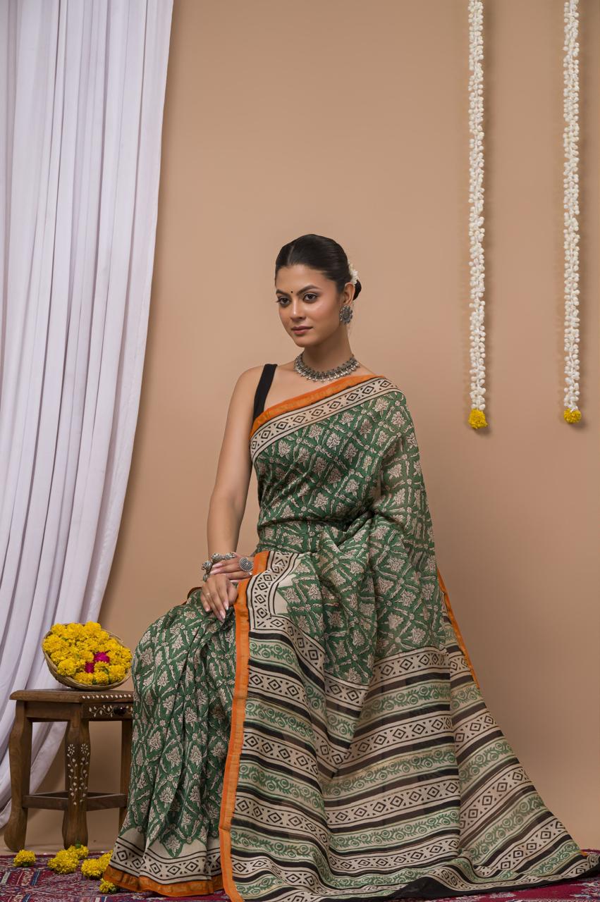 Hand Block Print Saree on Chanderi Silk