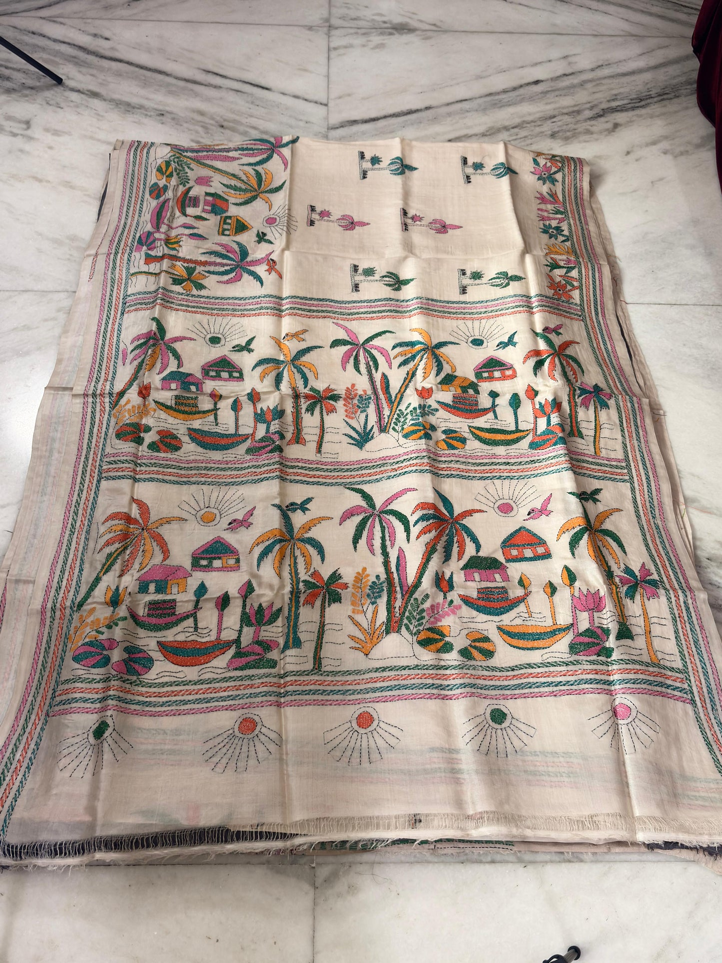 Pure Gachhi Tussar Handicrafts Kantha Stitch Saree