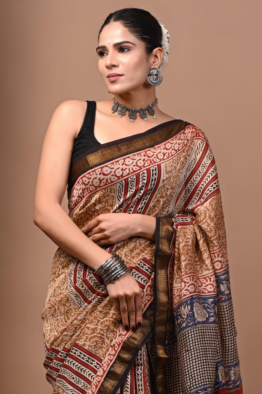 Natural Color Hand Block Print Saree