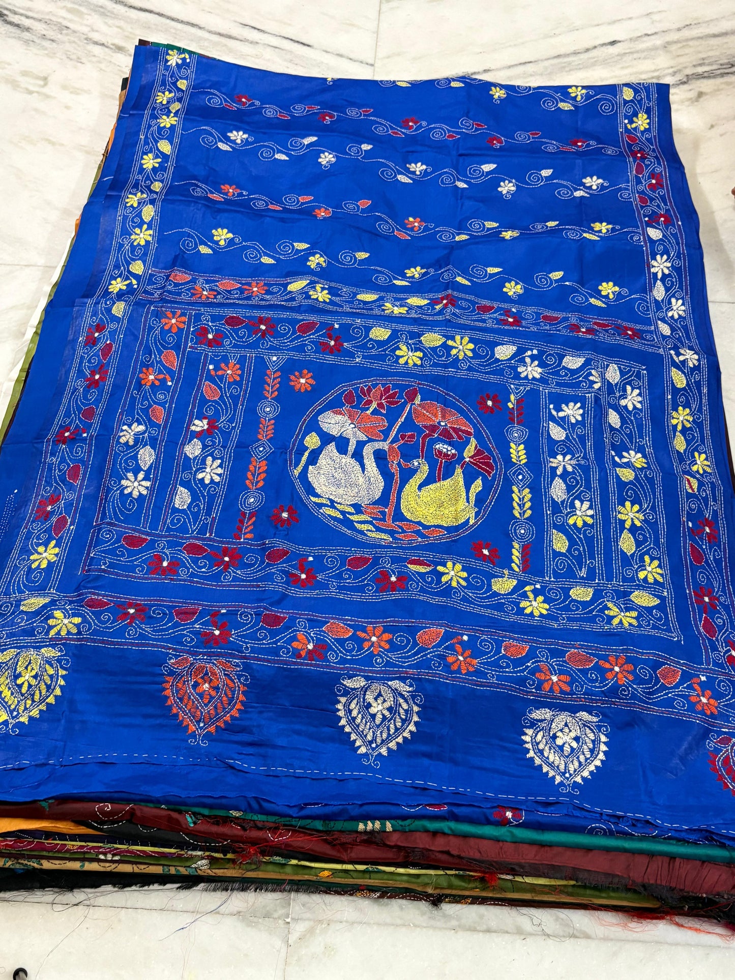 Blended Bangalore Silk Hand Crafted Kantha Stitch Saree