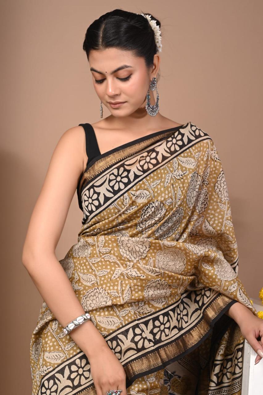 Natural Color Hand Block Print Saree