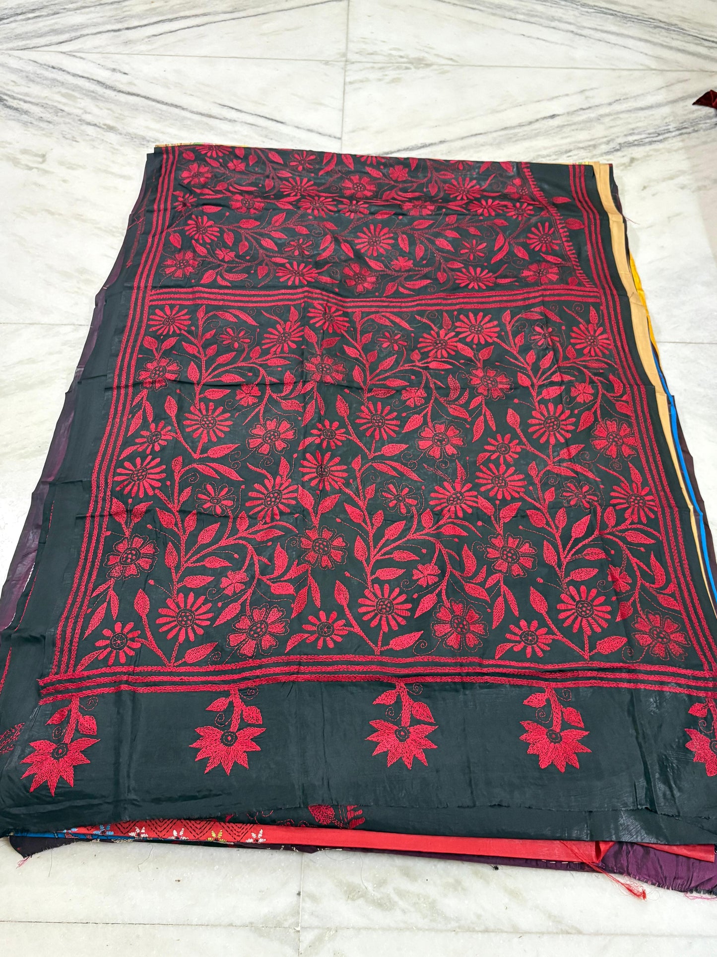 Blended Bangalore Silk Hand Crafted Kantha Stitch Saree