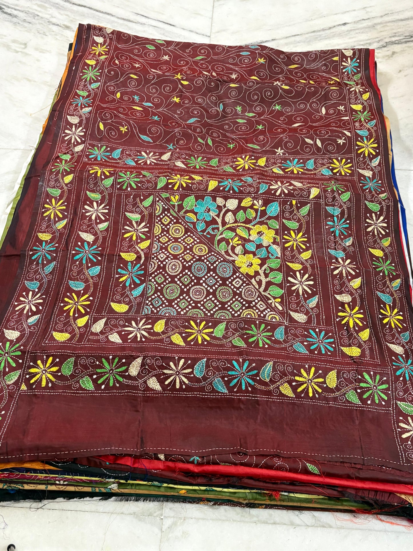 Blended Bangalore Silk Hand Crafted Kantha Stitch Saree