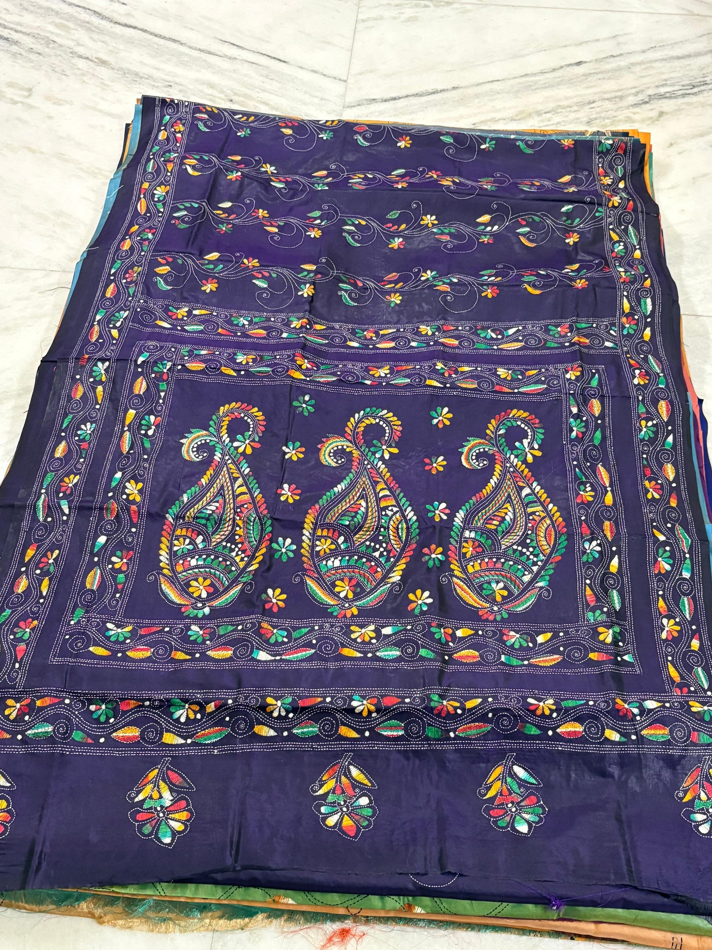 Blended Murshidabad Silk Hand Crafted Kantha Stitch Saree
