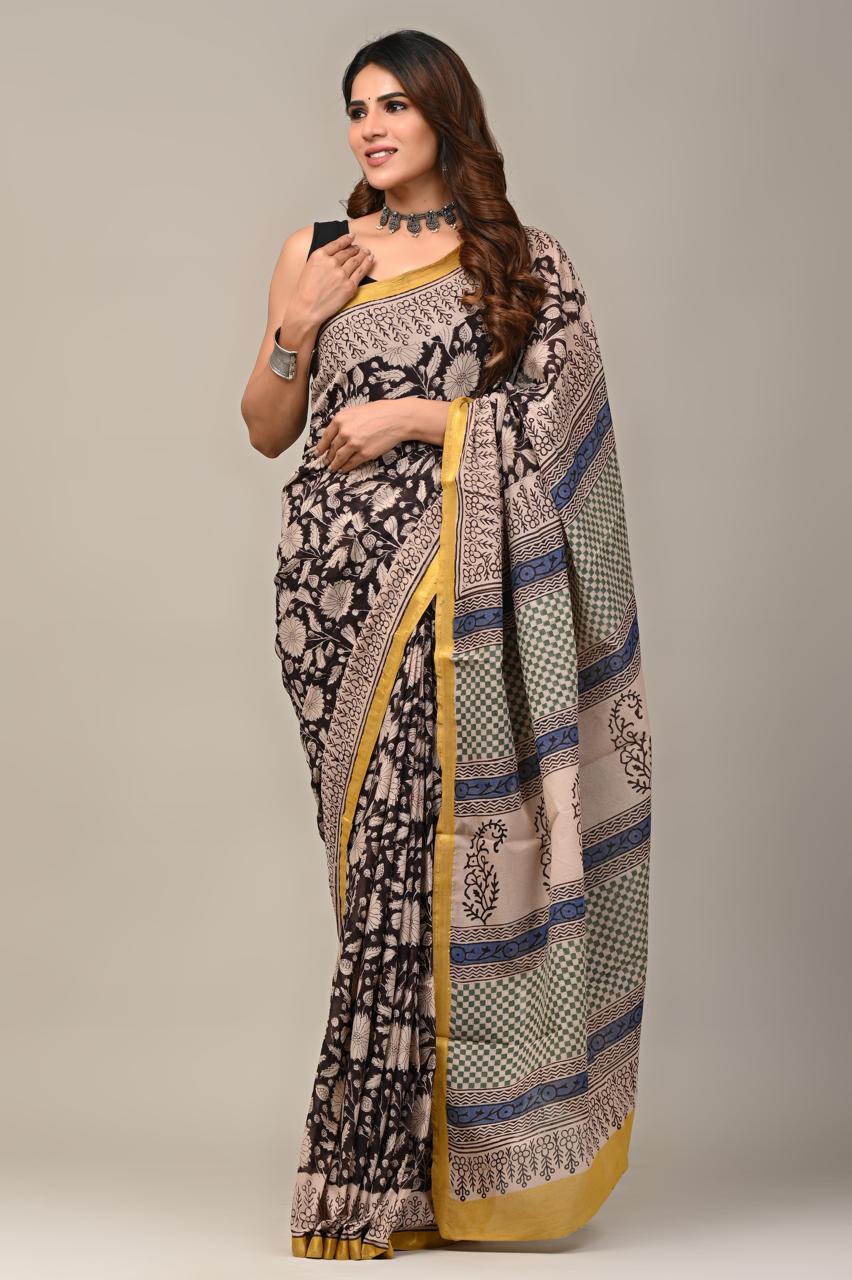 Hand Block Printing Saree on Cotton Zari