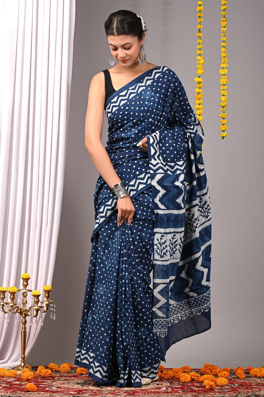 Hand Block Printing Saree with Indigo Dyes
