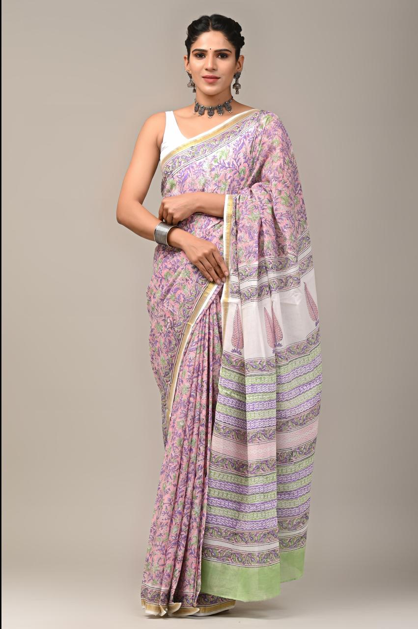 Hand Block Printing Saree on Cotton Zari