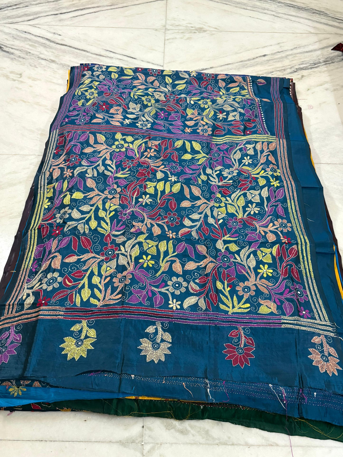 Blended Bangalore Silk Hand Crafted Kantha Stitch Saree