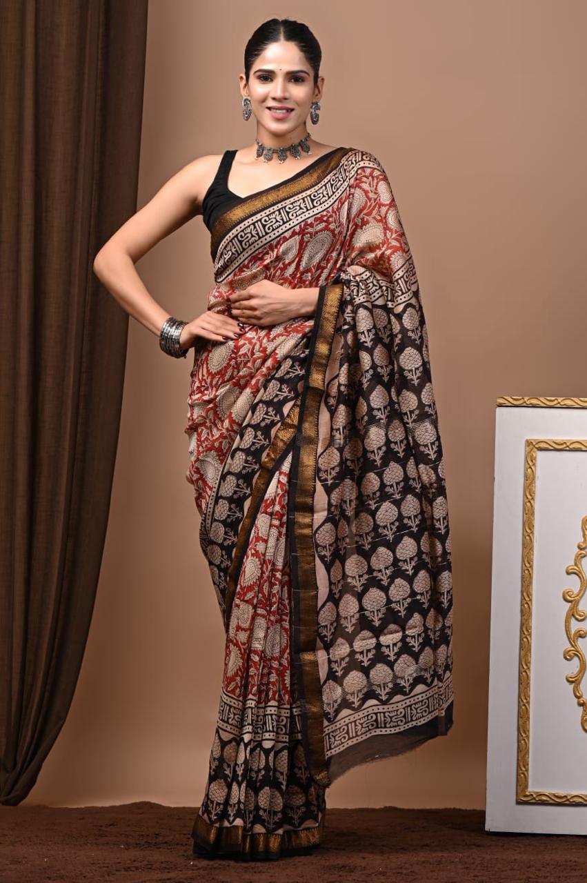 Natural Color Hand Block Print Saree