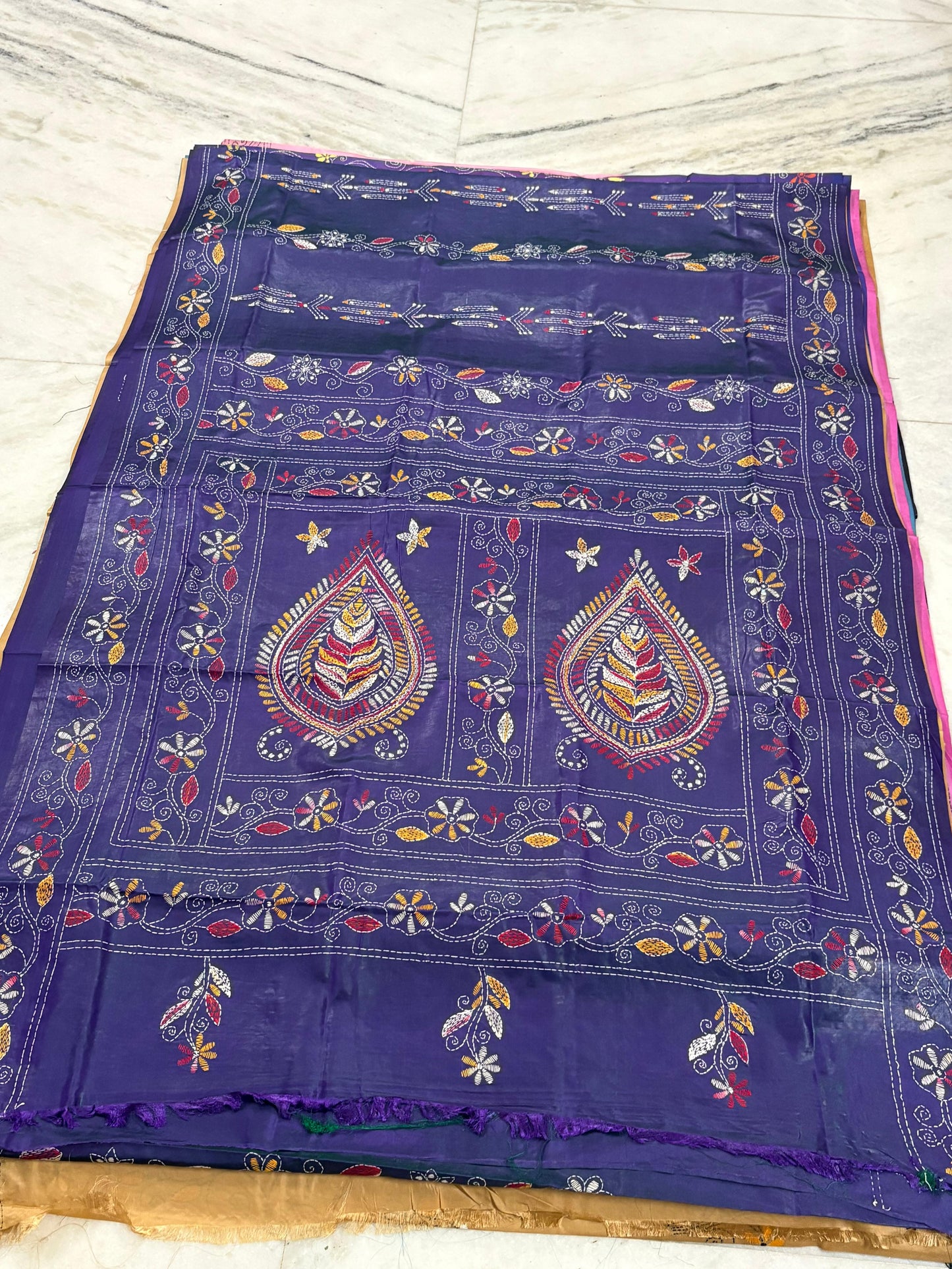Blended Murshidabad Silk Hand Crafted Kantha Stitch Saree