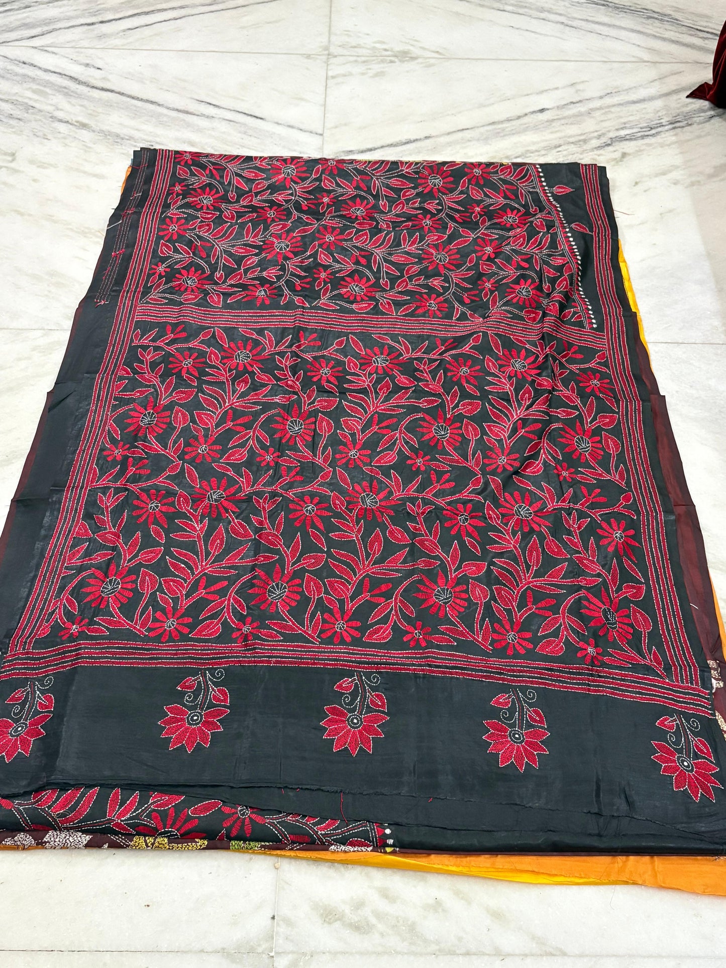Blended Bangalore Silk Hand Crafted Kantha Stitch Saree