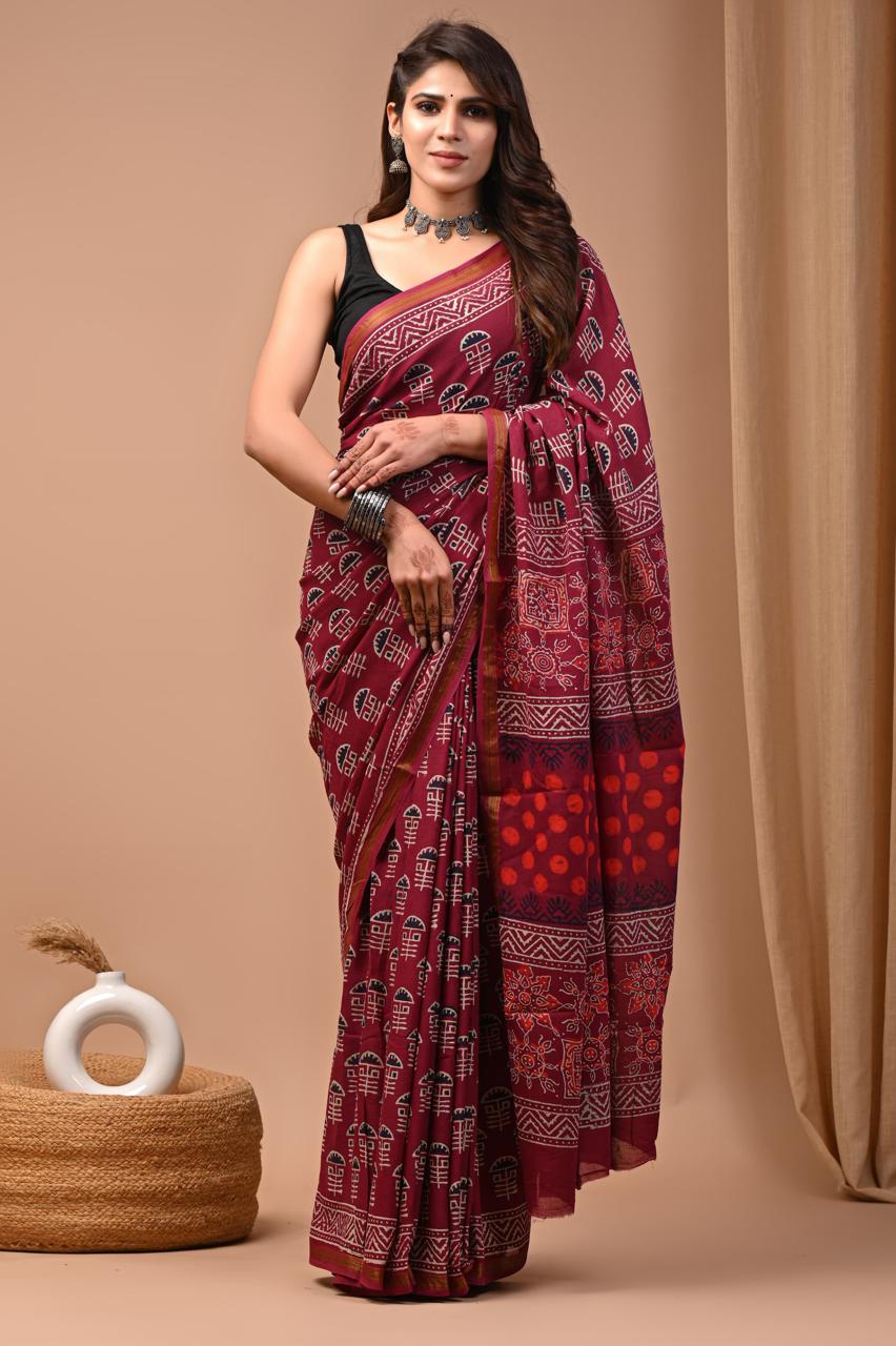 Hand Block Printing Saree on Cotton Zari