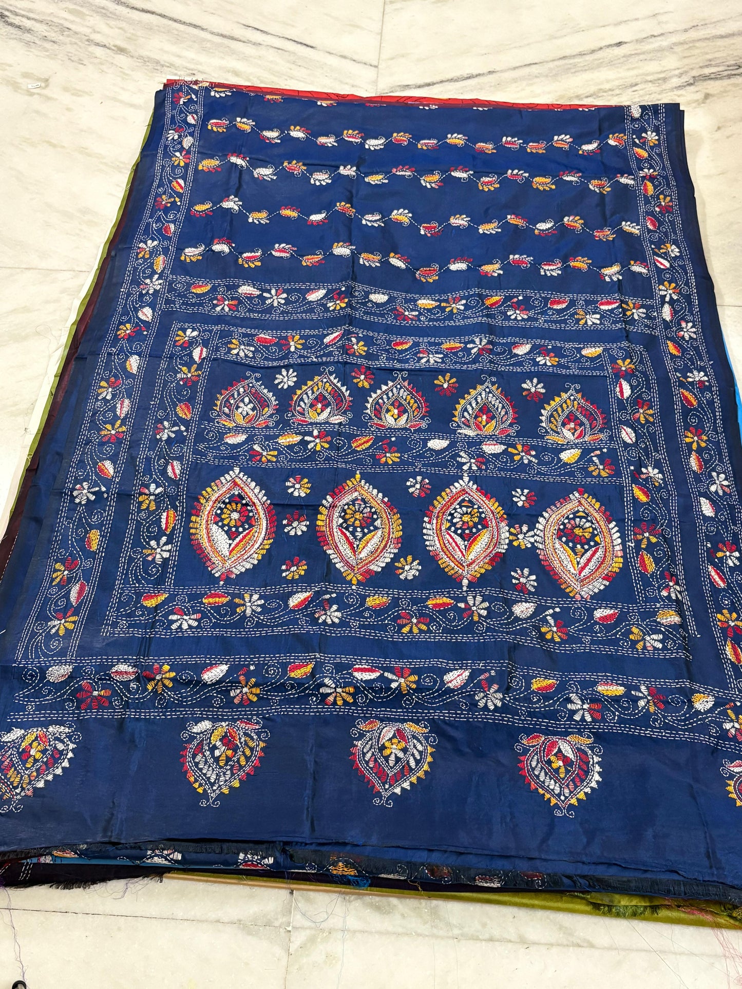 Blended Bangalore Silk Hand Crafted Kantha Stitch Saree