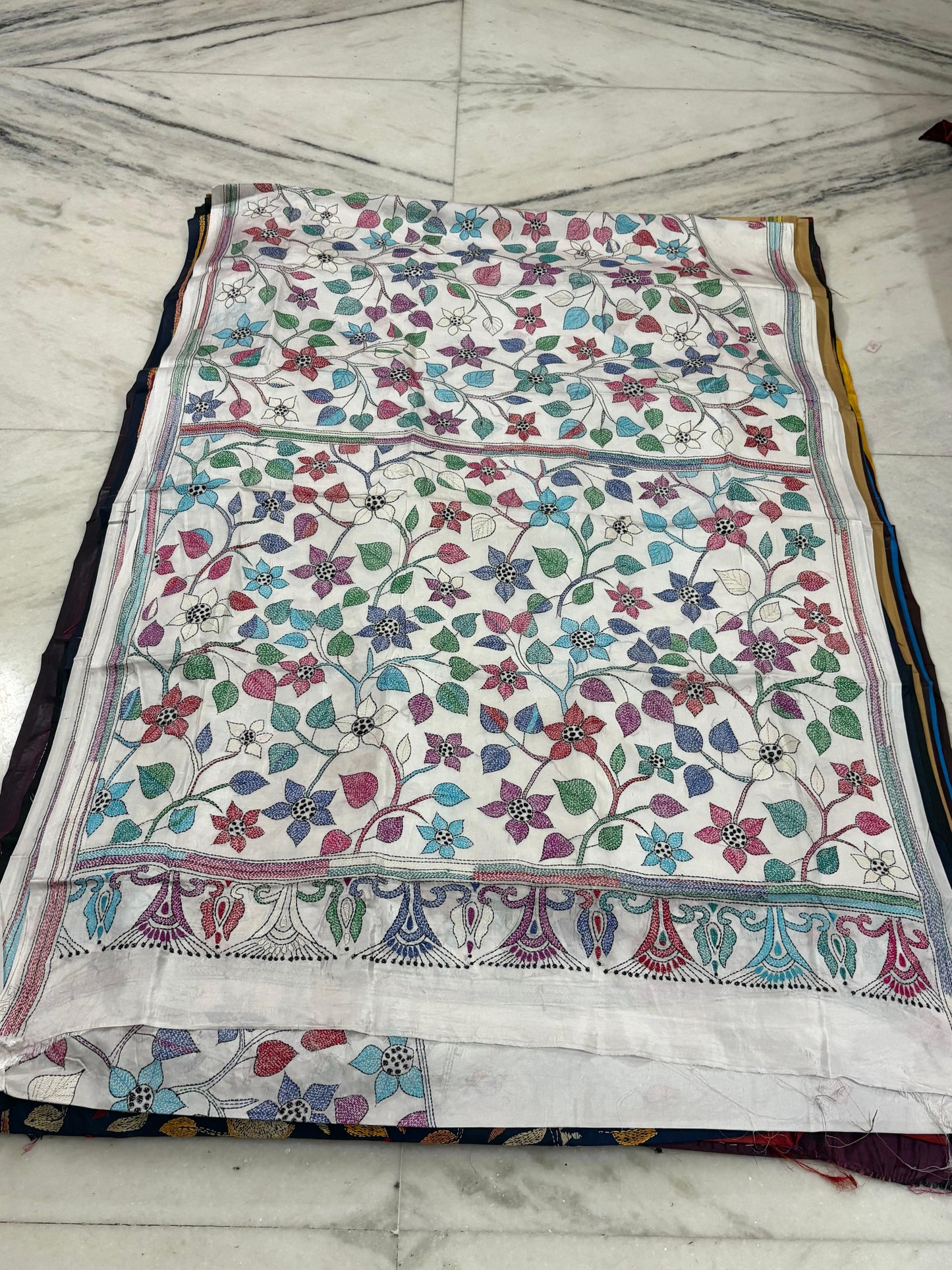 Blended Bangalore Silk Hand Crafted Kantha Stitch Saree