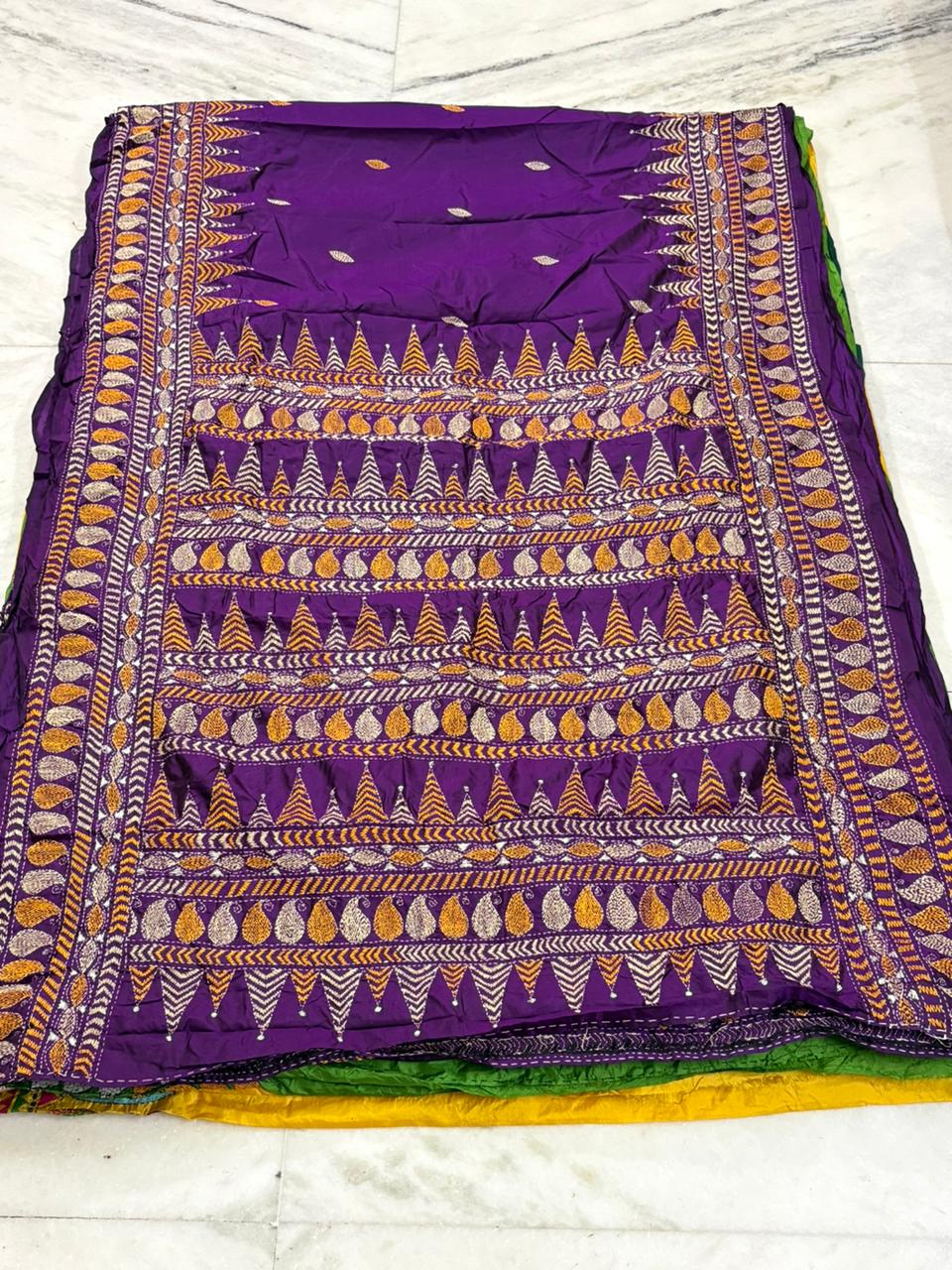Pure Bangalore Silk Hand Crafted Kantha Stitch Saree