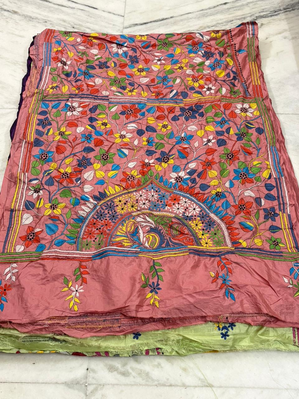 Pure Bangalore Silk Hand Crafted Kantha Stitch Saree