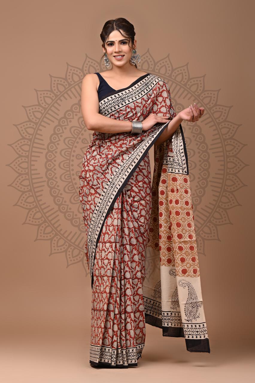 Natural Color Hand Block Print Saree