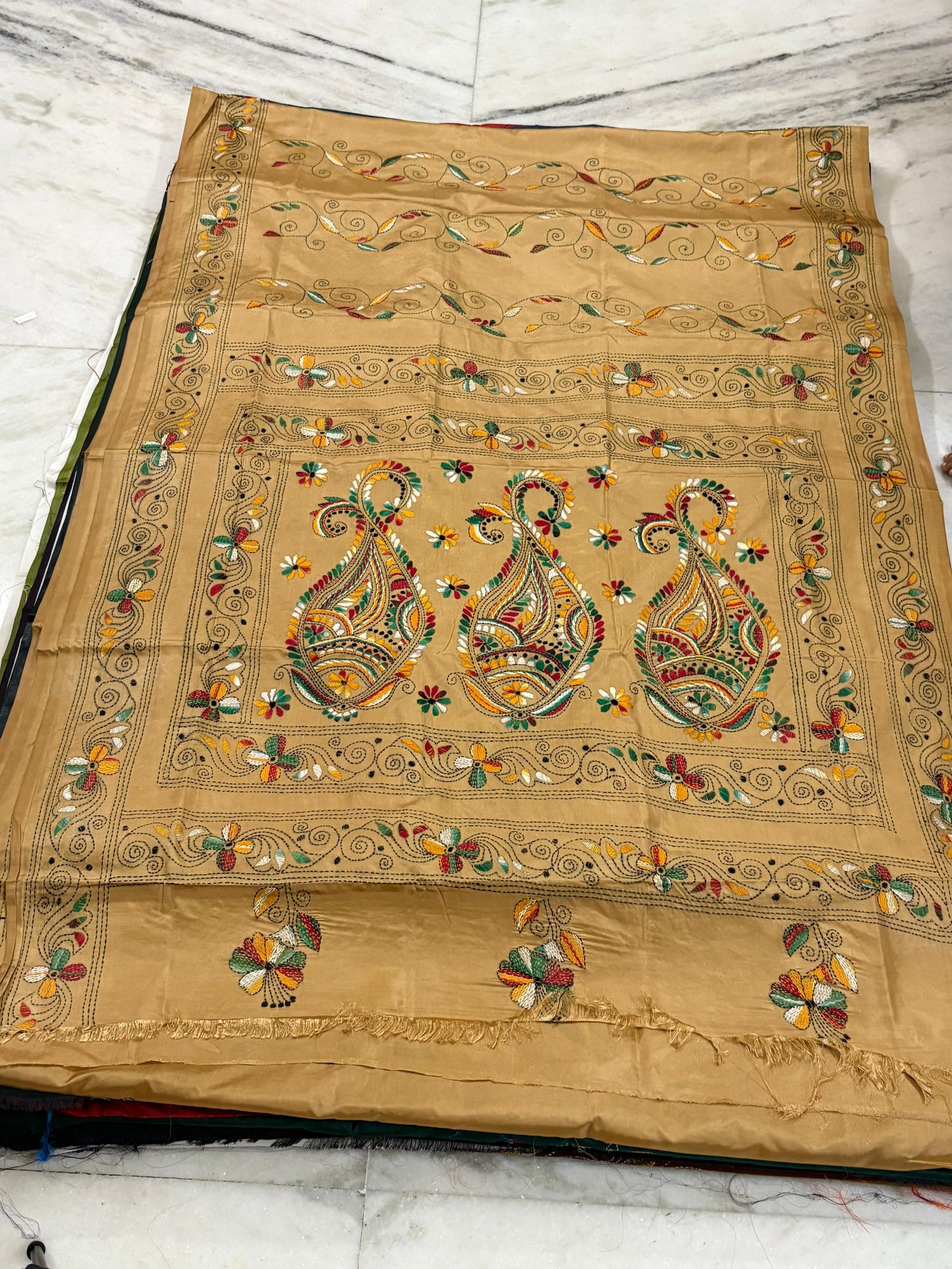 Blended Bangalore Silk Hand Crafted Kantha Stitch Saree