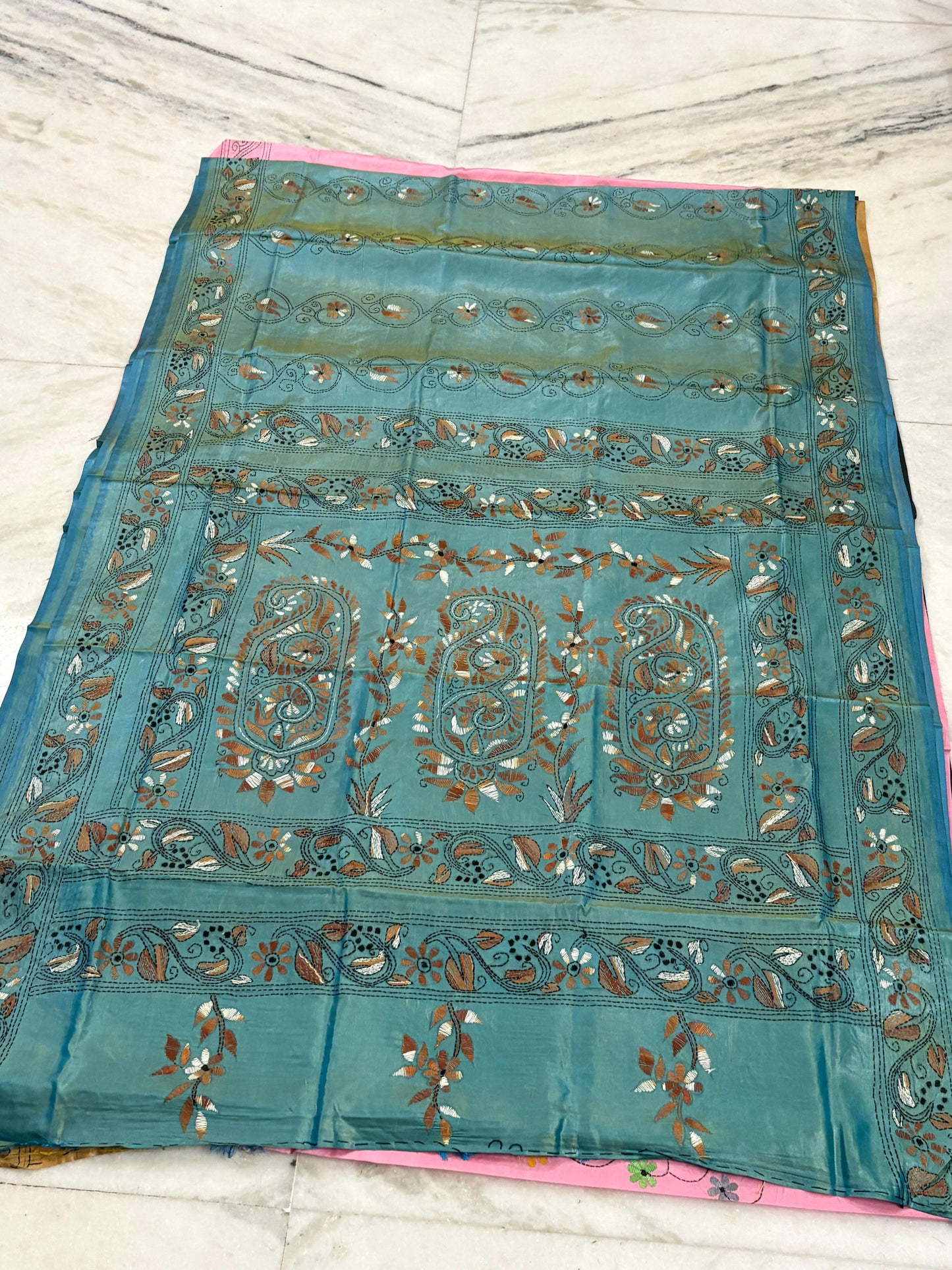 Blended Murshidabad Silk Hand Crafted Kantha Stitch Saree