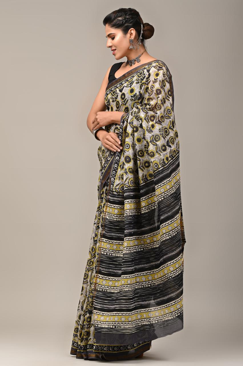 Hand Block Printing Saree on Cotton Zari