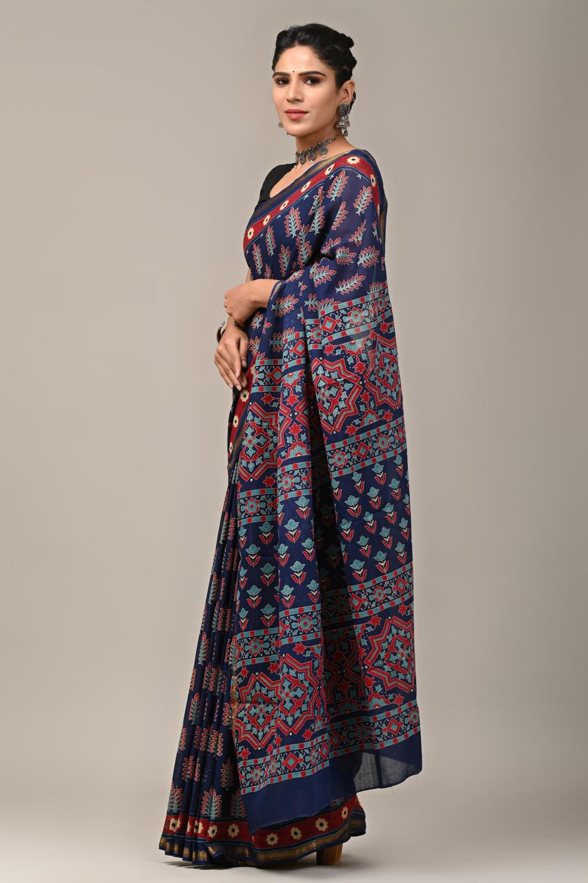 Hand Block Printing Saree on Cotton Zari