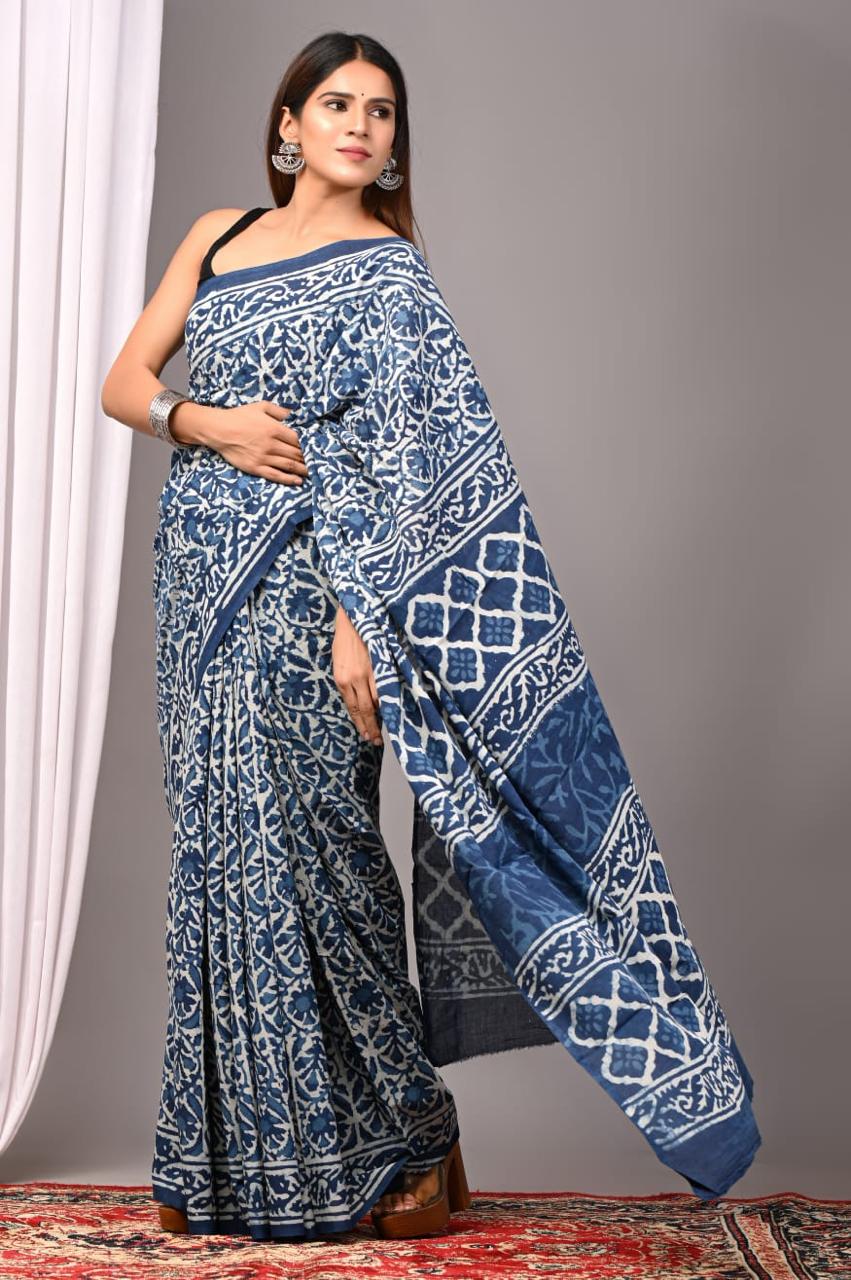 Hand Block Printing Saree with Indigo Dyes