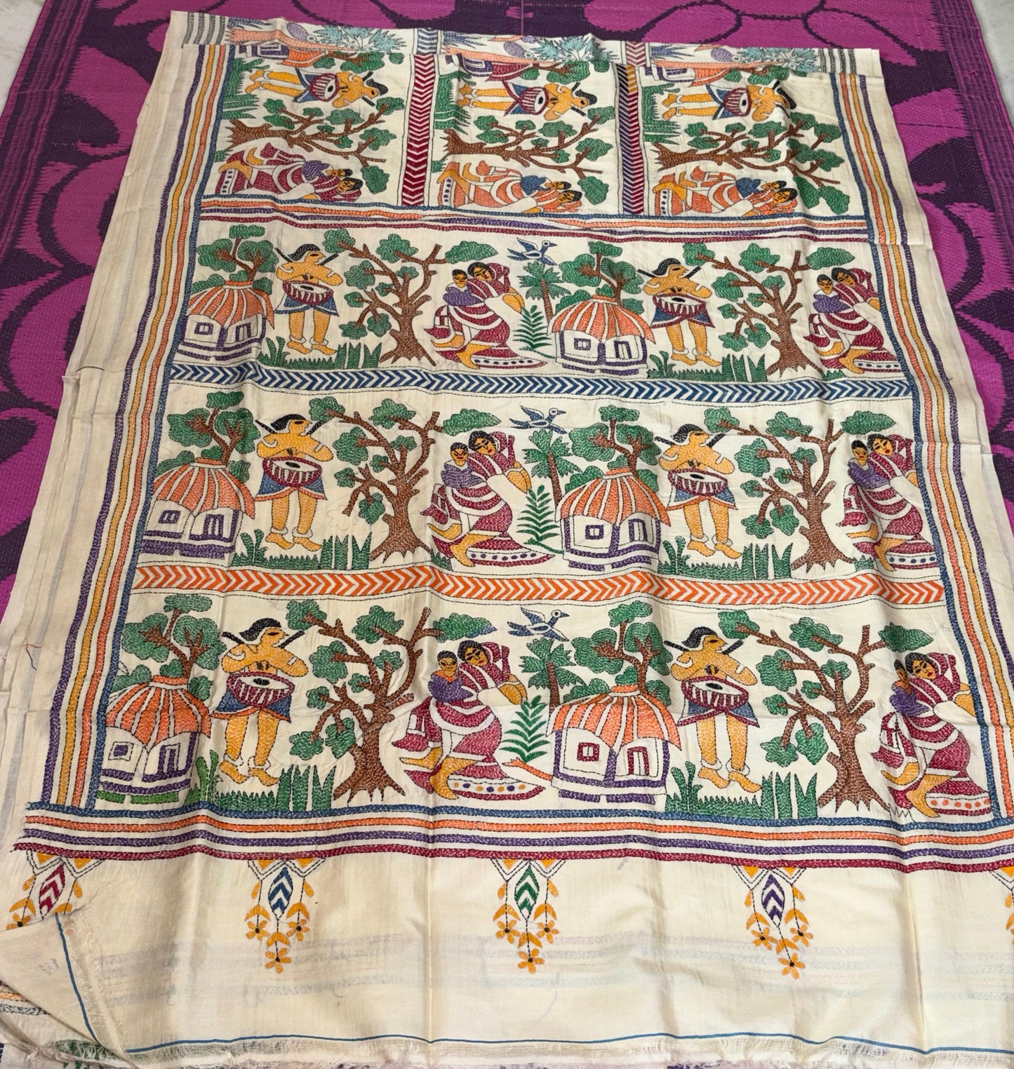 Korean Tussar Handicrafts Kantha Stitch Saree