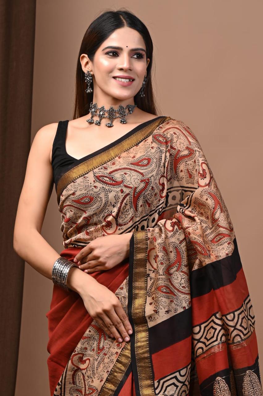 Natural Color Hand Block Print Saree