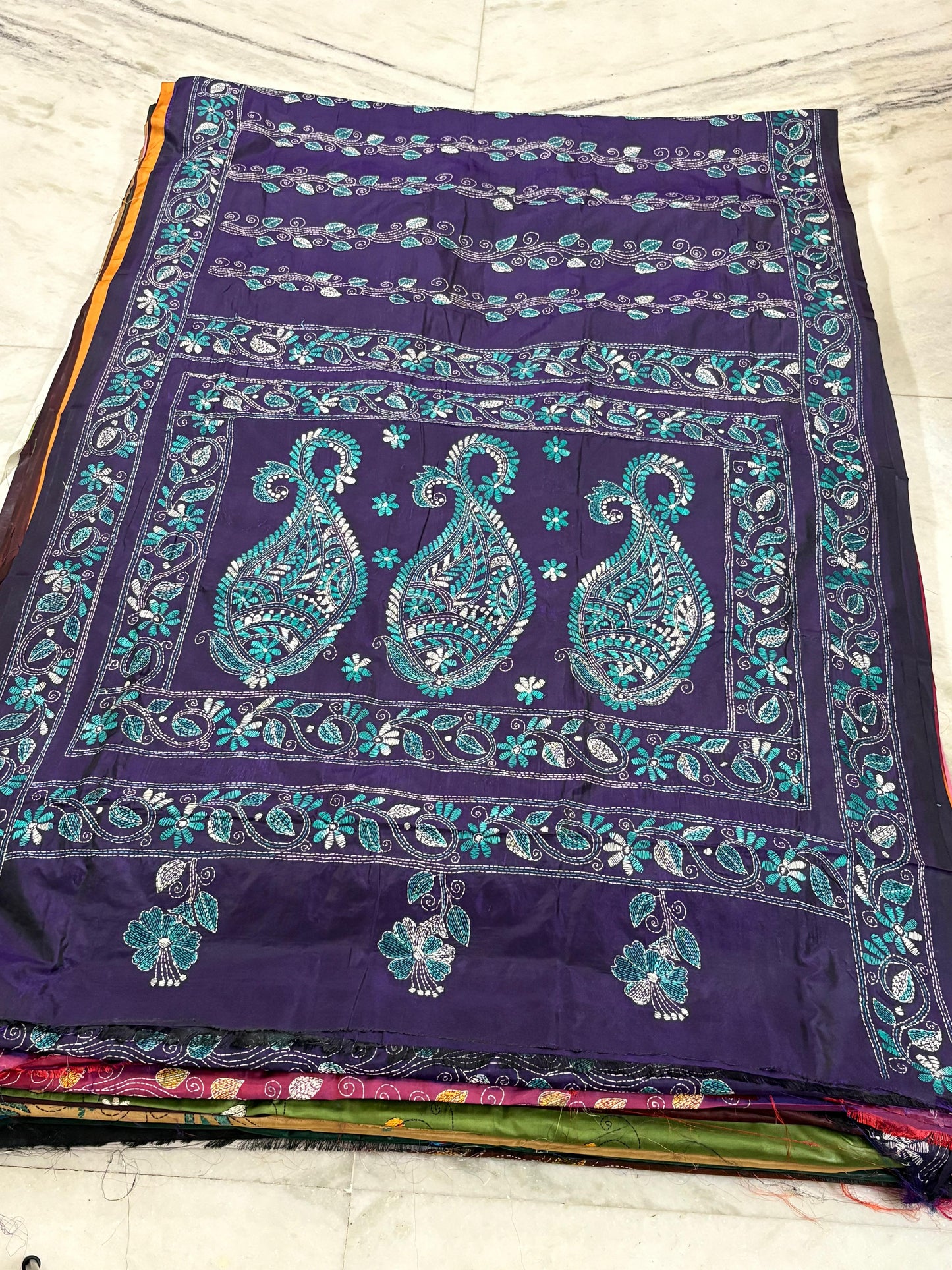 Blended Bangalore Silk Hand Crafted Kantha Stitch Saree
