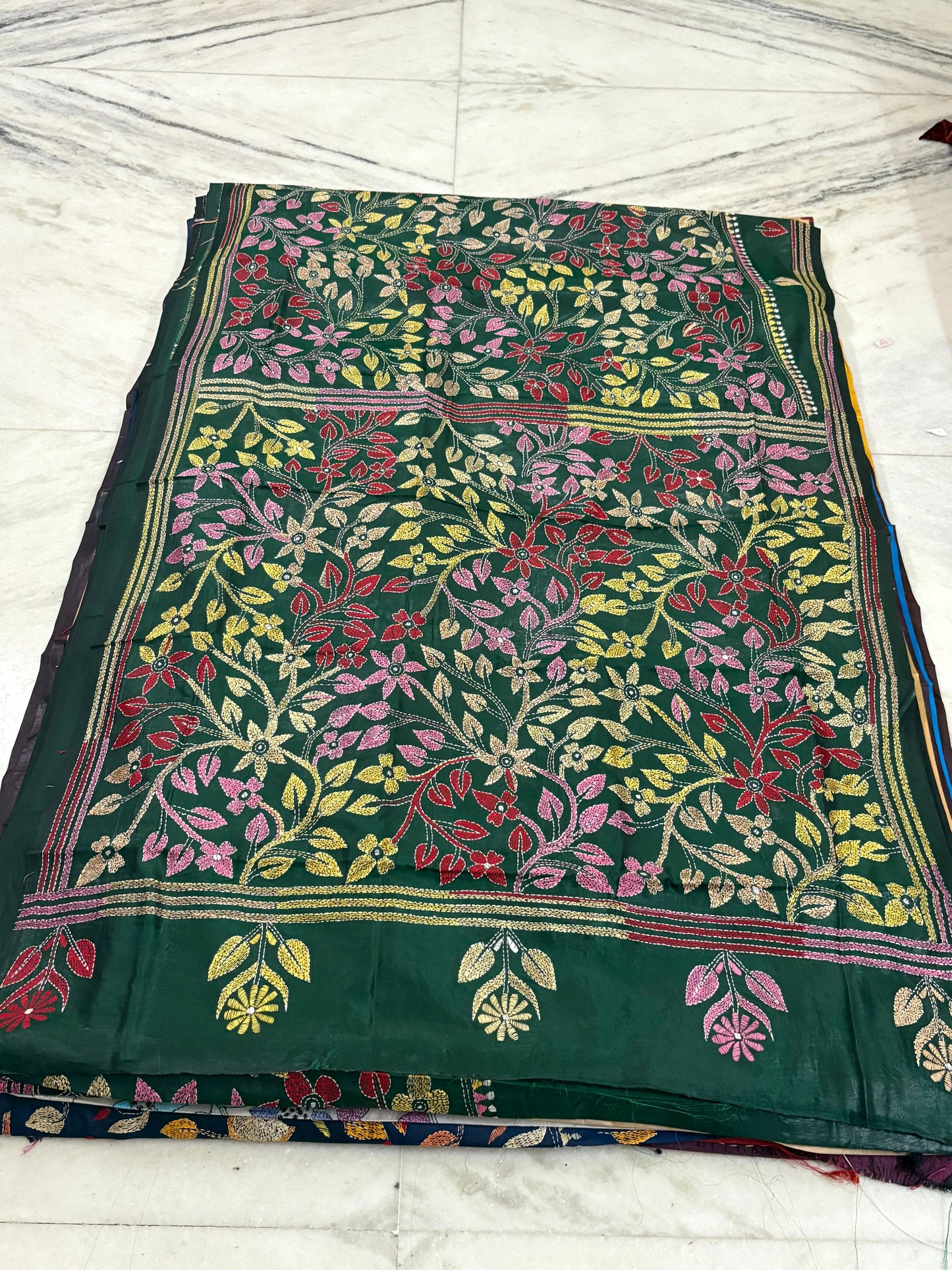 Blended Bangalore Silk Hand Crafted Kantha Stitch Saree
