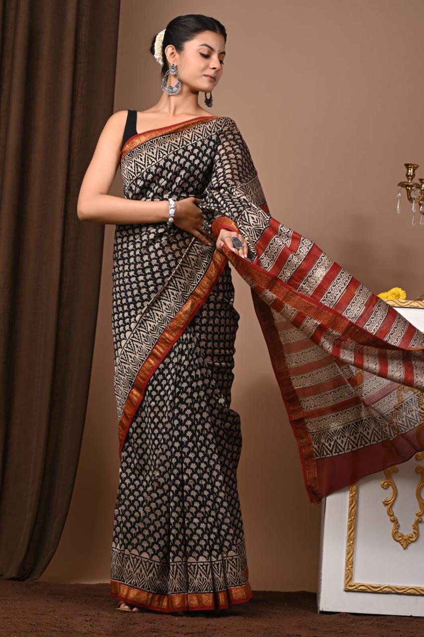 Natural Color Hand Block Print Saree