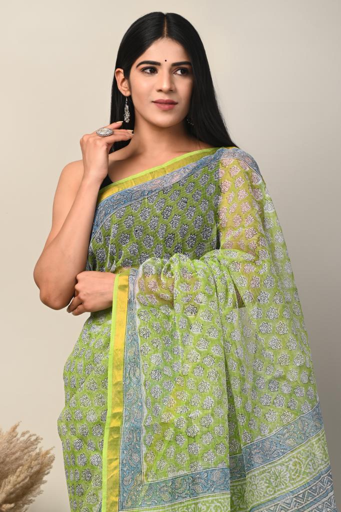 Hand Block Printing Saree on Kota Silk