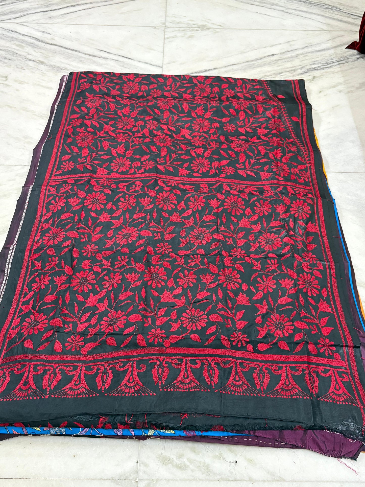 Blended Bangalore Silk Hand Crafted Kantha Stitch Saree