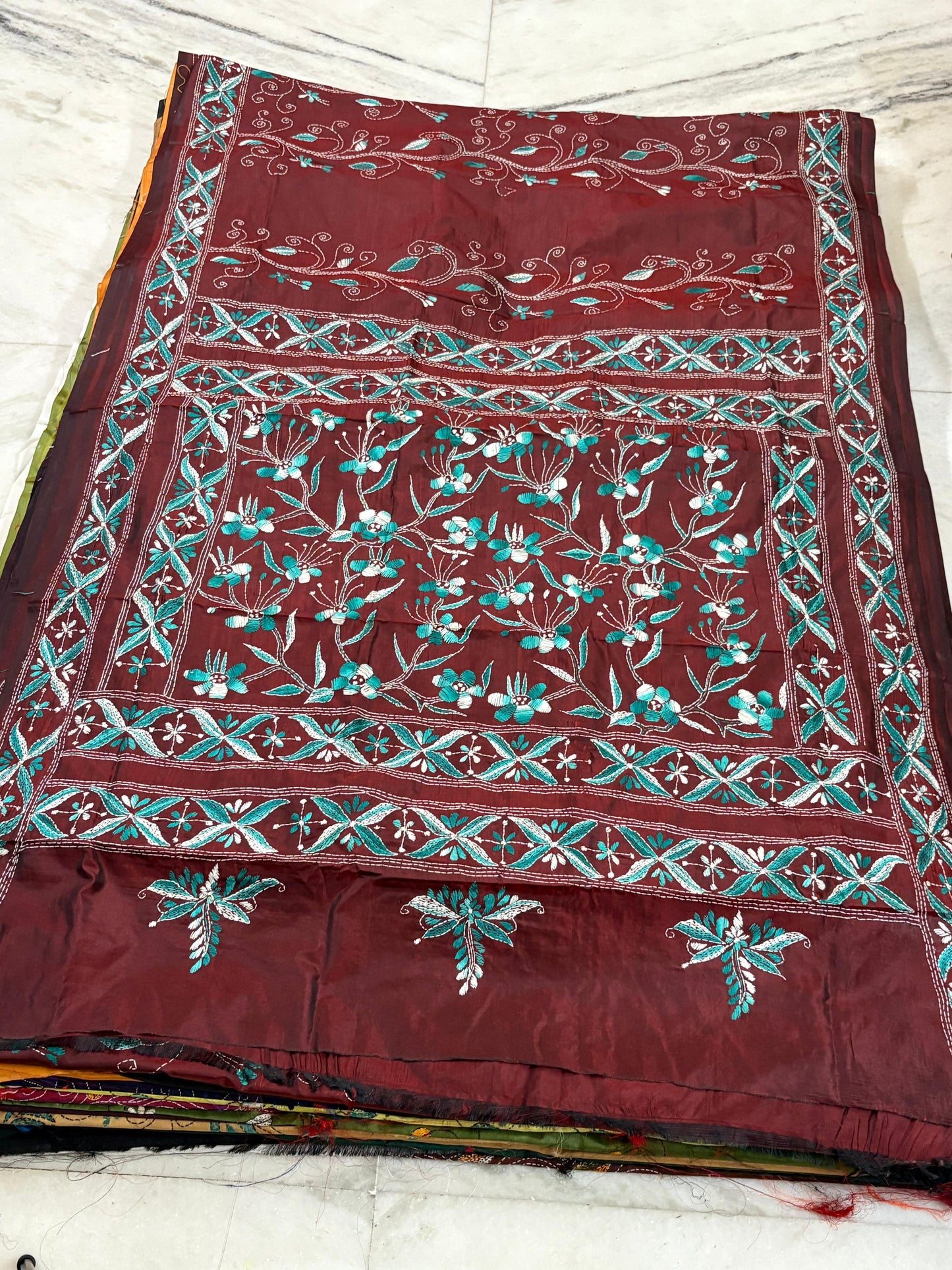 Blended Bangalore Silk Hand Crafted Kantha Stitch Saree
