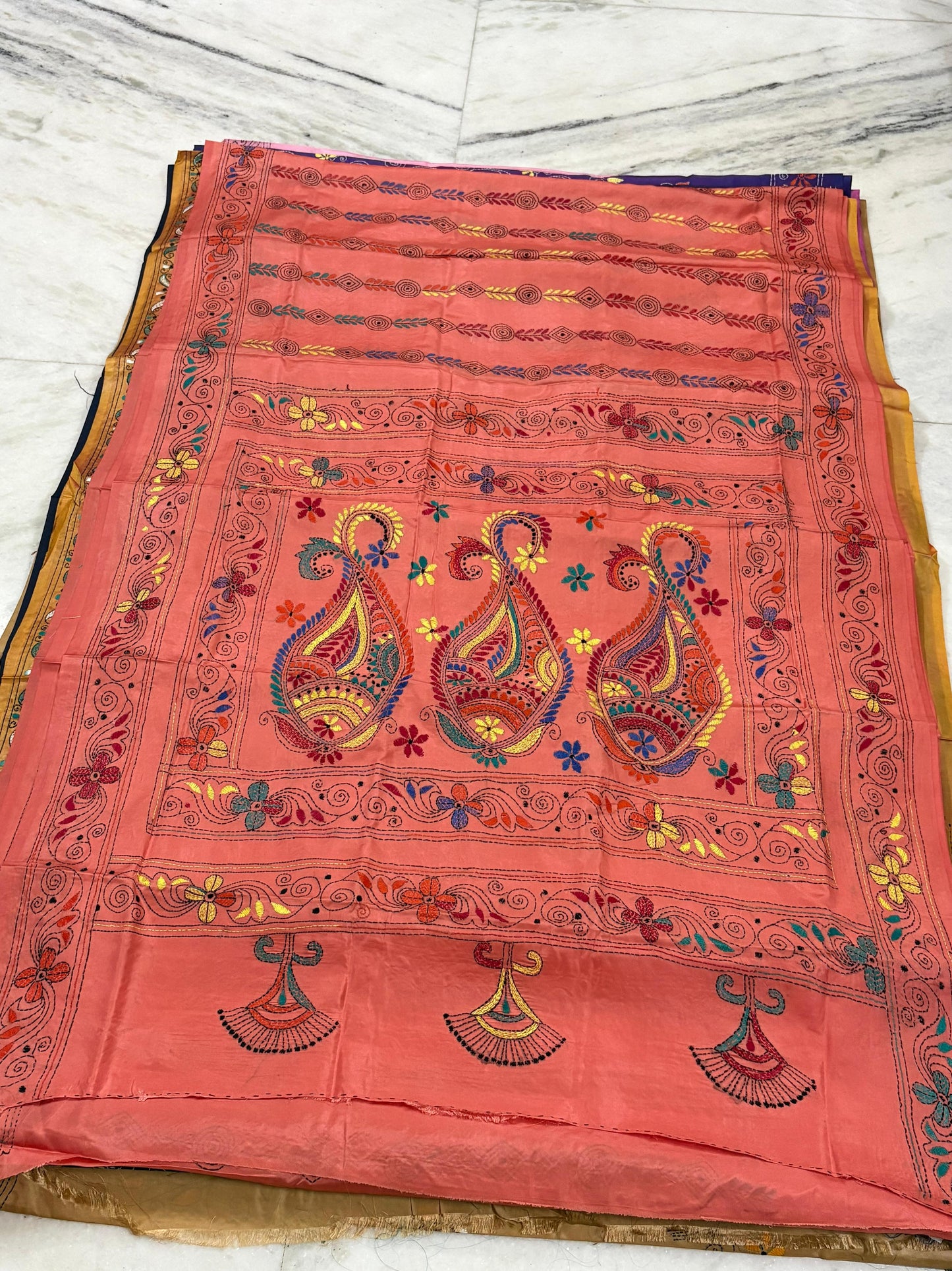 Blended Murshidabad Silk Hand Crafted Kantha Stitch Saree