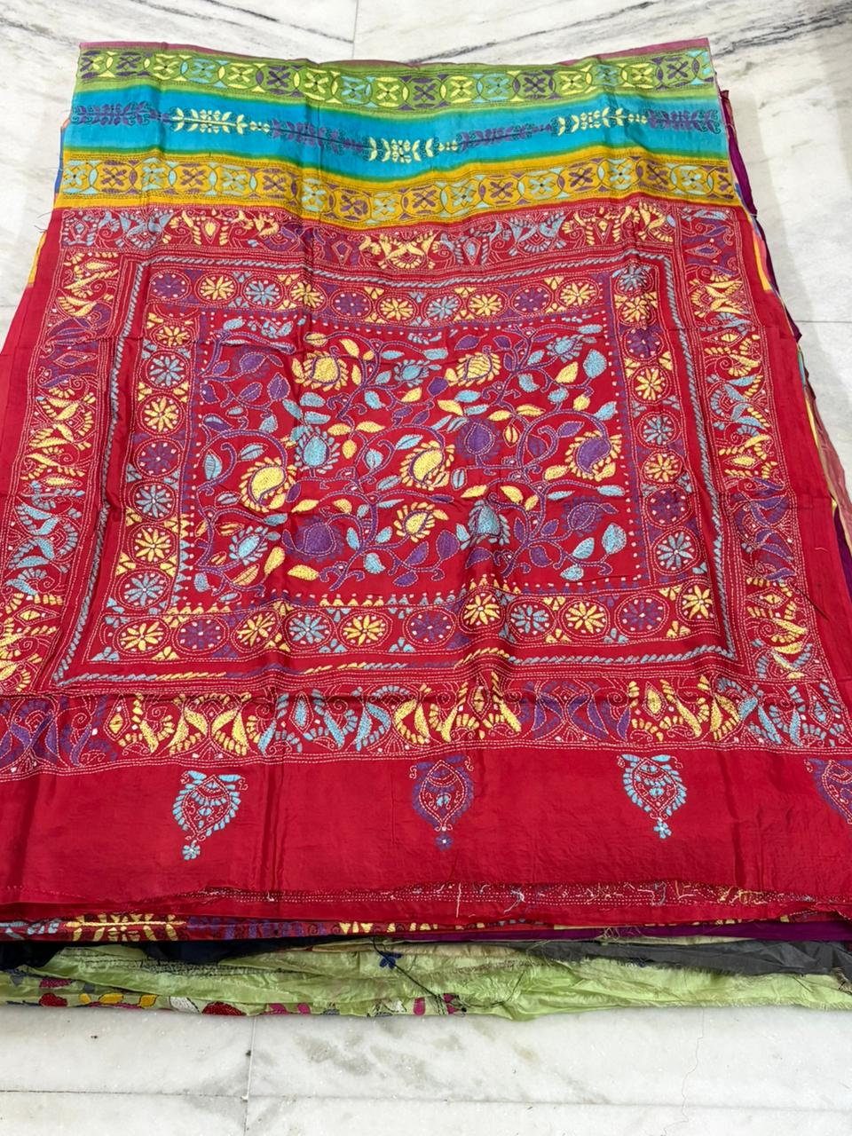 Pure Bangalore Silk Hand Crafted Kantha Stitch Saree