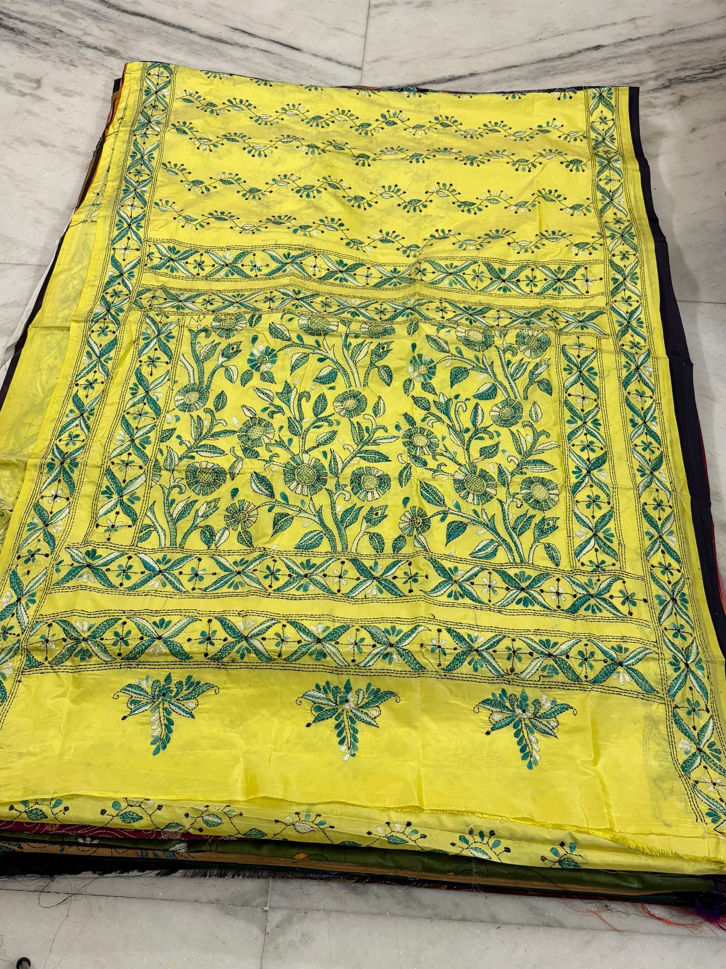 Blended Bangalore Silk Hand Crafted Kantha Stitch Saree
