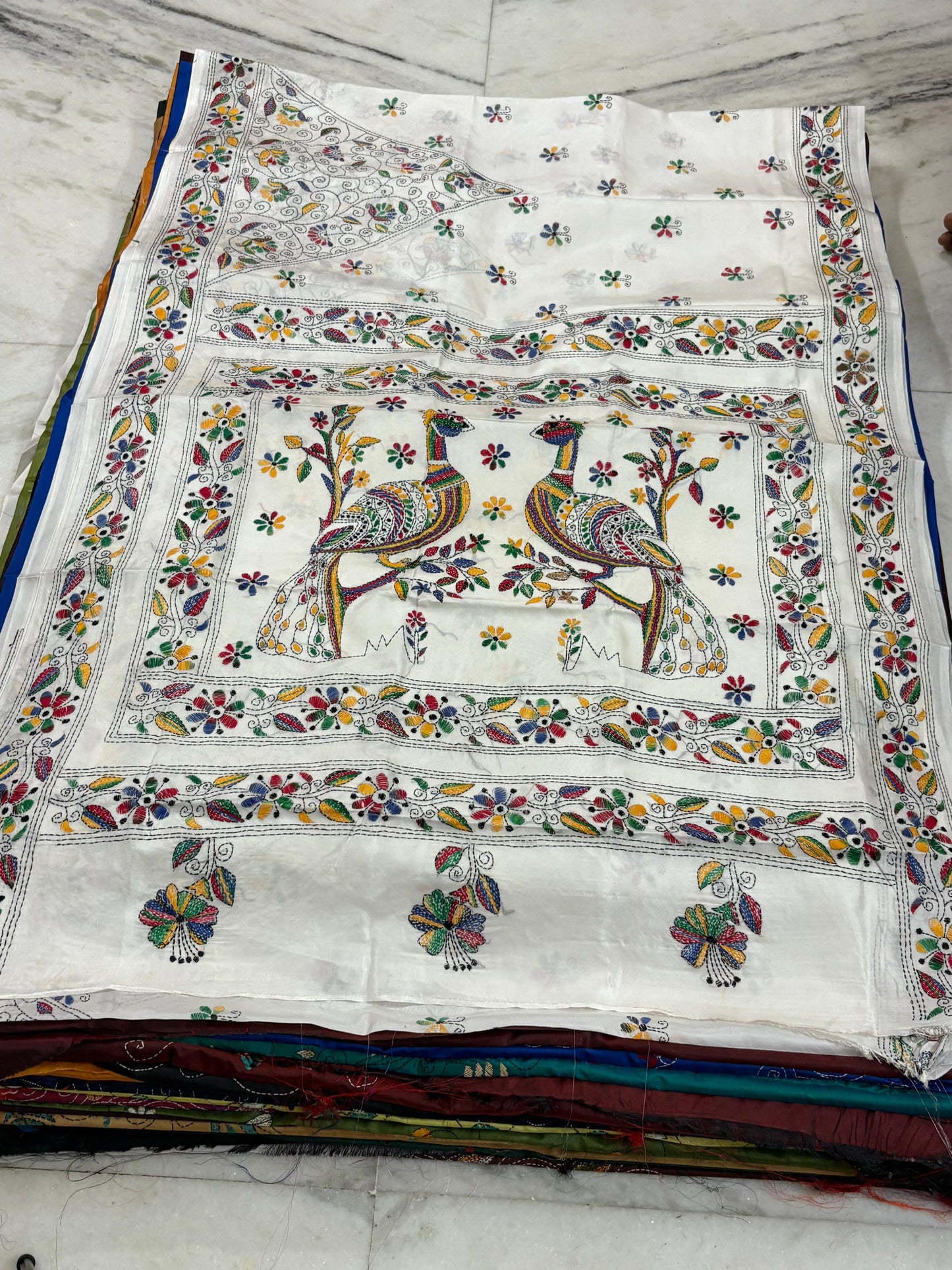 Blended Bangalore Silk Hand Crafted Kantha Stitch Saree